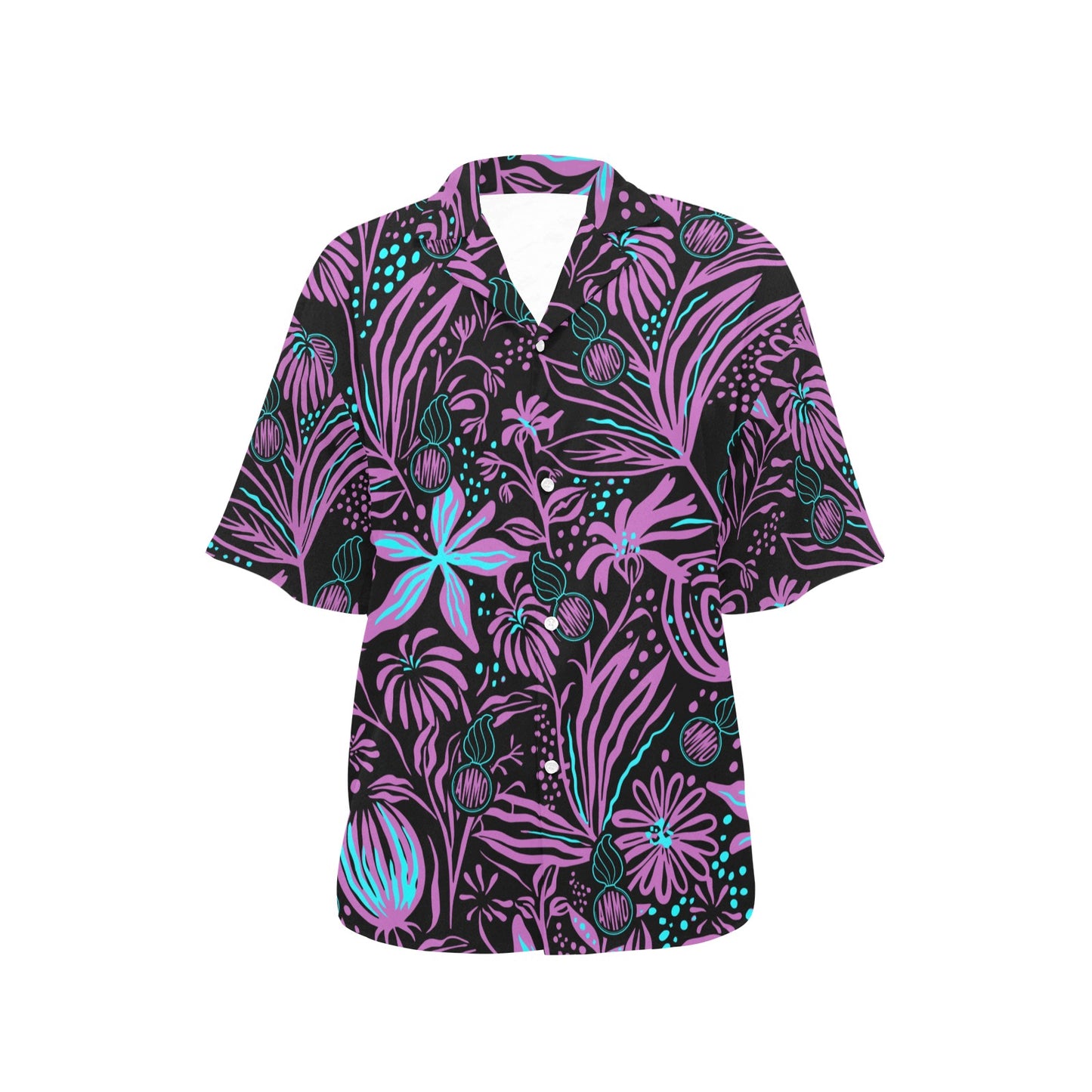 USAF AMMO Purple Teal Neon Flowers Pisspots AMMO Logo Womens Hawaiian Shirt