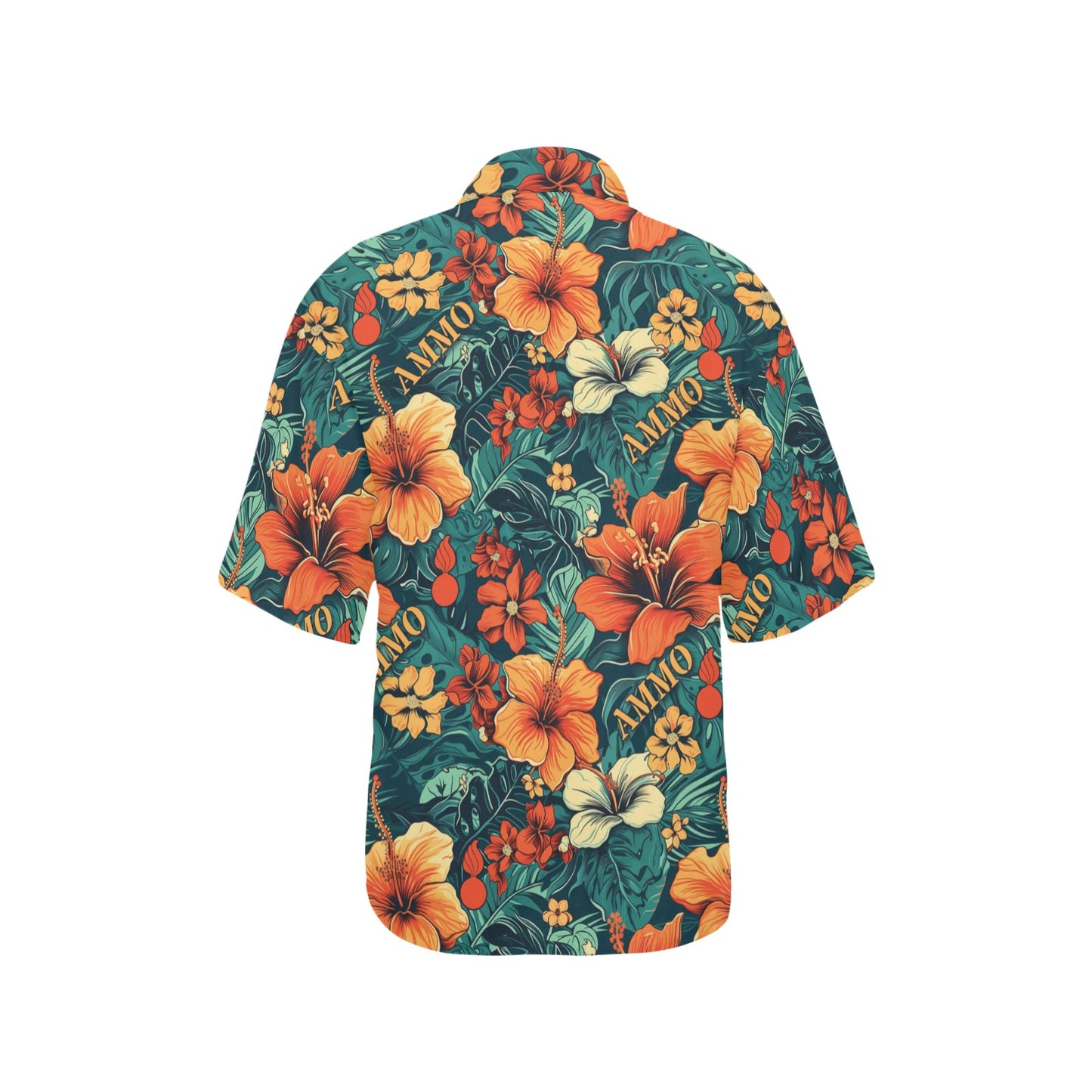 AMMO Orange Hibiscus Flowers Green Leaves AMMO Word and Pisspots Womens Hawaiian Shirt