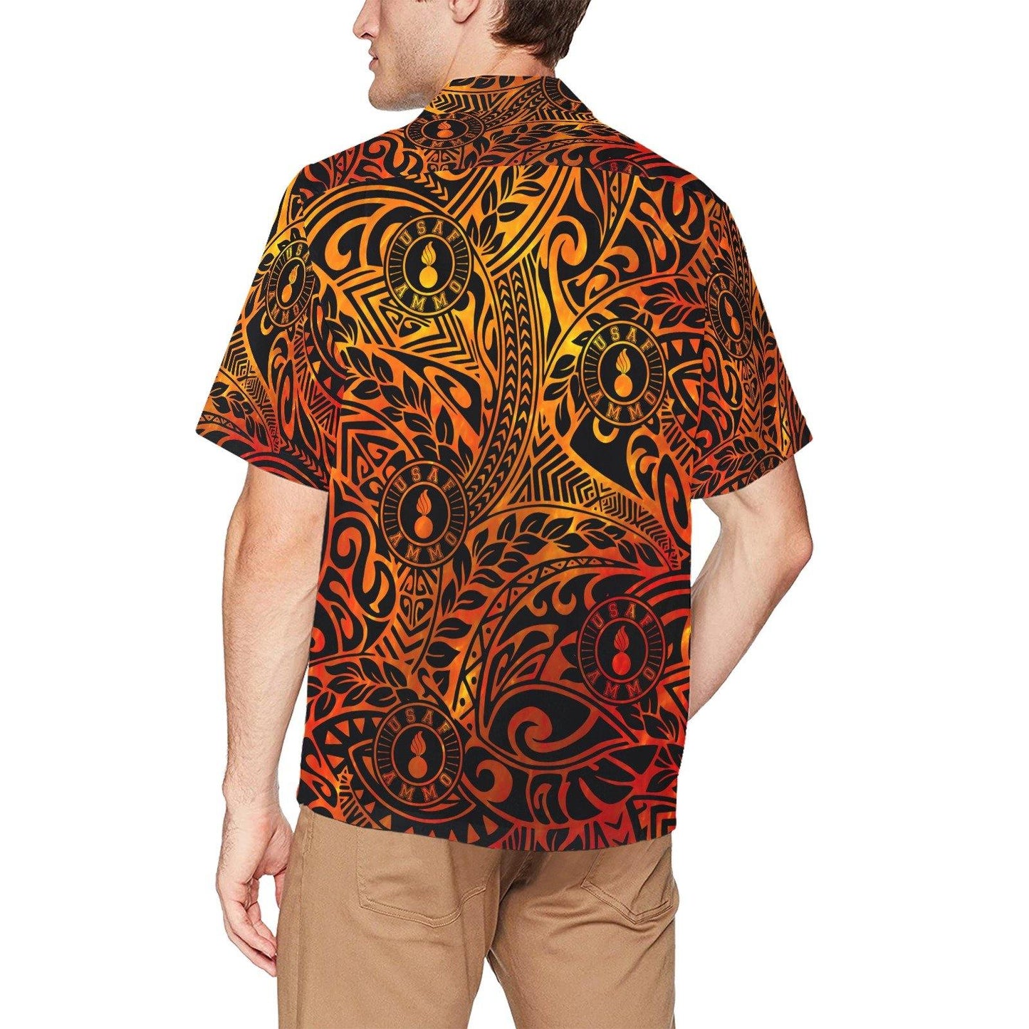 USAF AMMO Fire Tribal With Pisspot and Flechettes Circular Logos Hawaiian Shirt With Front Left Chest Pocket - AMMO Pisspot IYAAYAS Gear
