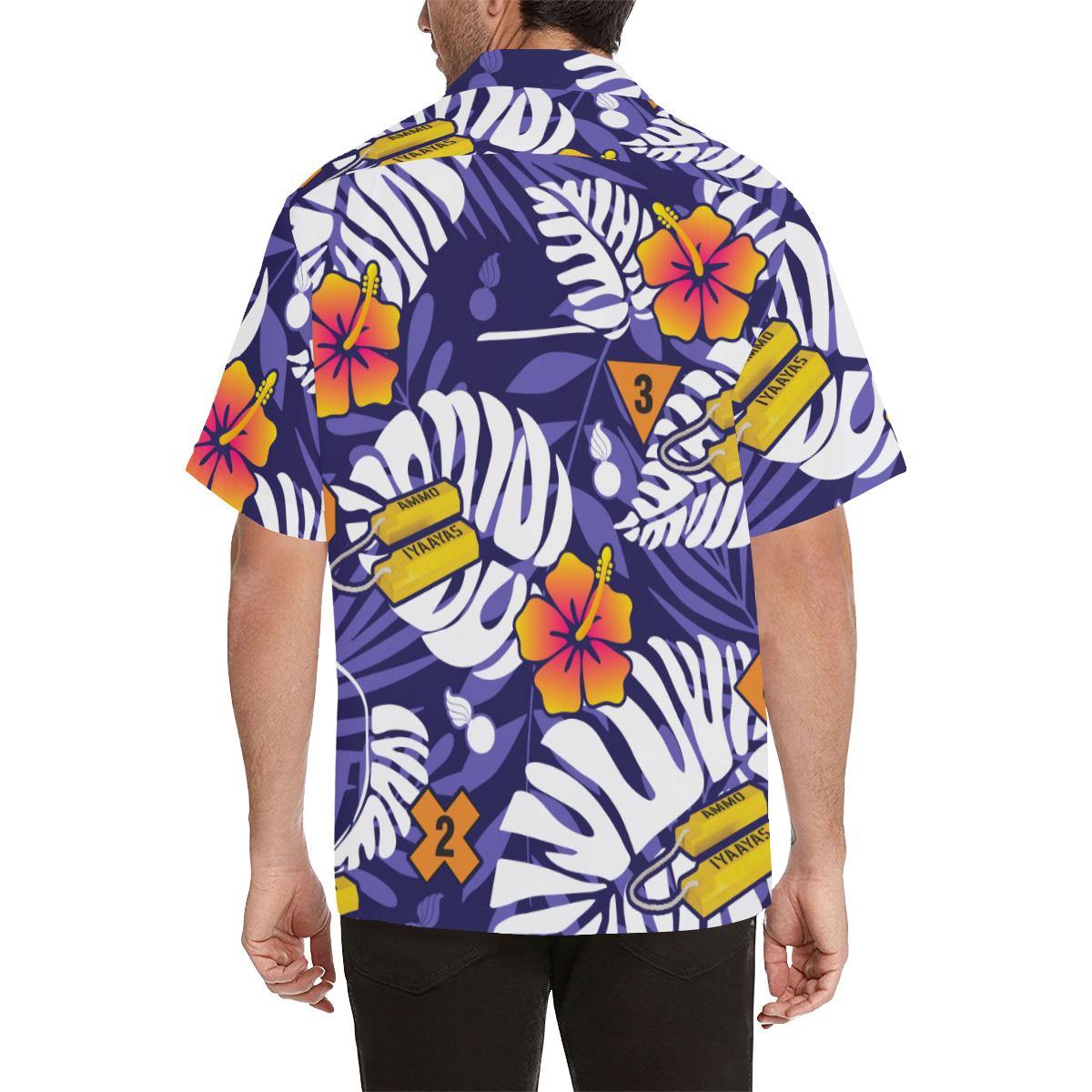 AMMO Hawaiian Shirt Blue With Flower Fire Symbols and Chocks - AMMO Pisspot IYAAYAS Gear
