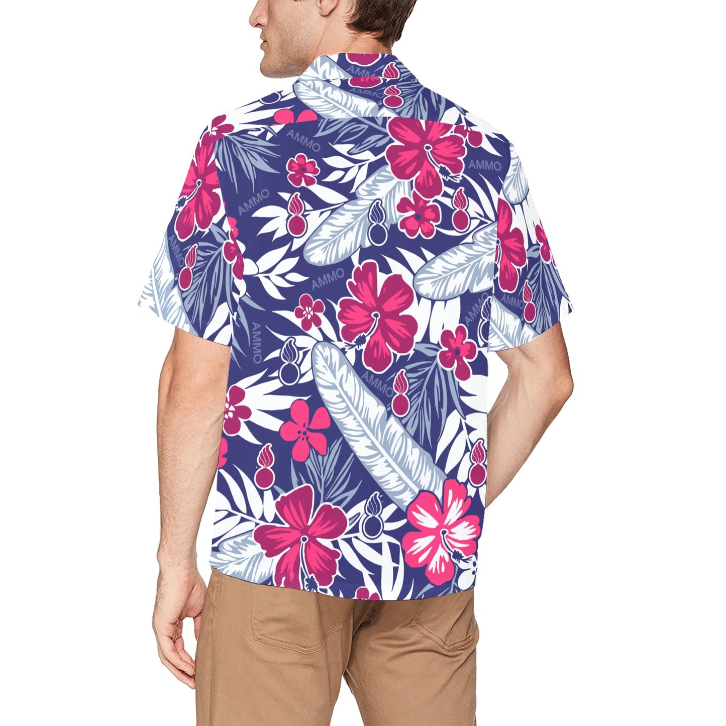 Blue Red White Pink and Grey AMMO Mens All Over Print Hawaiian Shirt With Left Chest Pocket