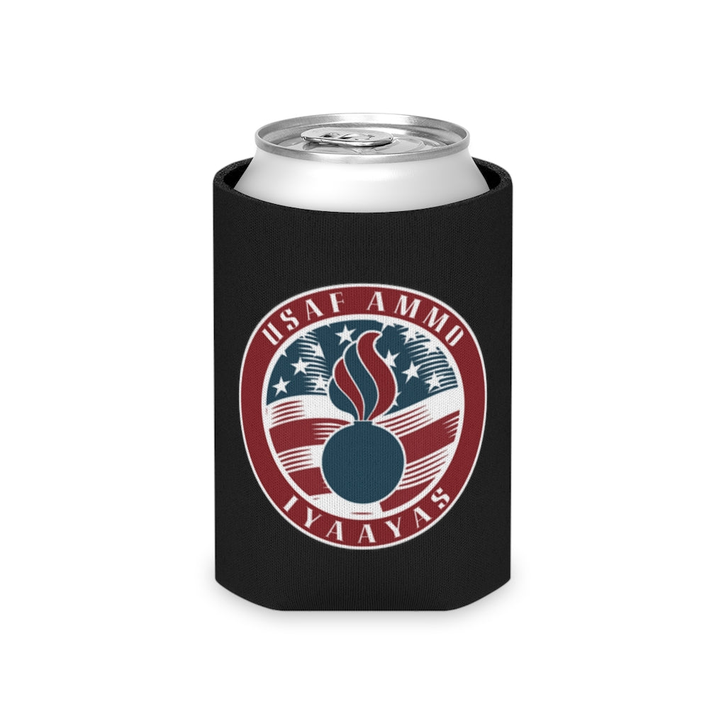 Circle American Flag USAF AMMO IYAAYAS Pisspot Logo Dark Color Can Cooler
