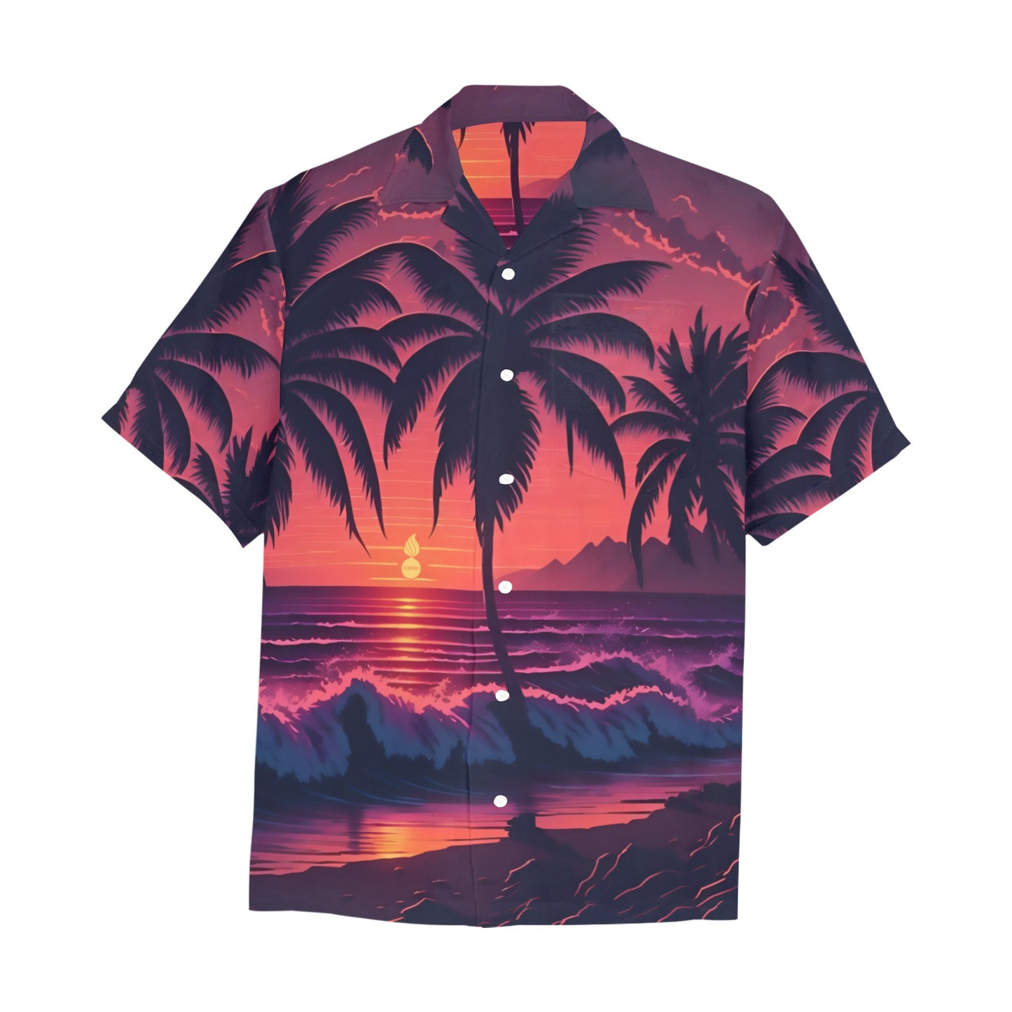 USAF AMMO Purple Hawaiian Sunset Yellow Pisspot Sun Palm Trees Waves Mountains Mens Left Chest Pocket Hawaiian Shirt