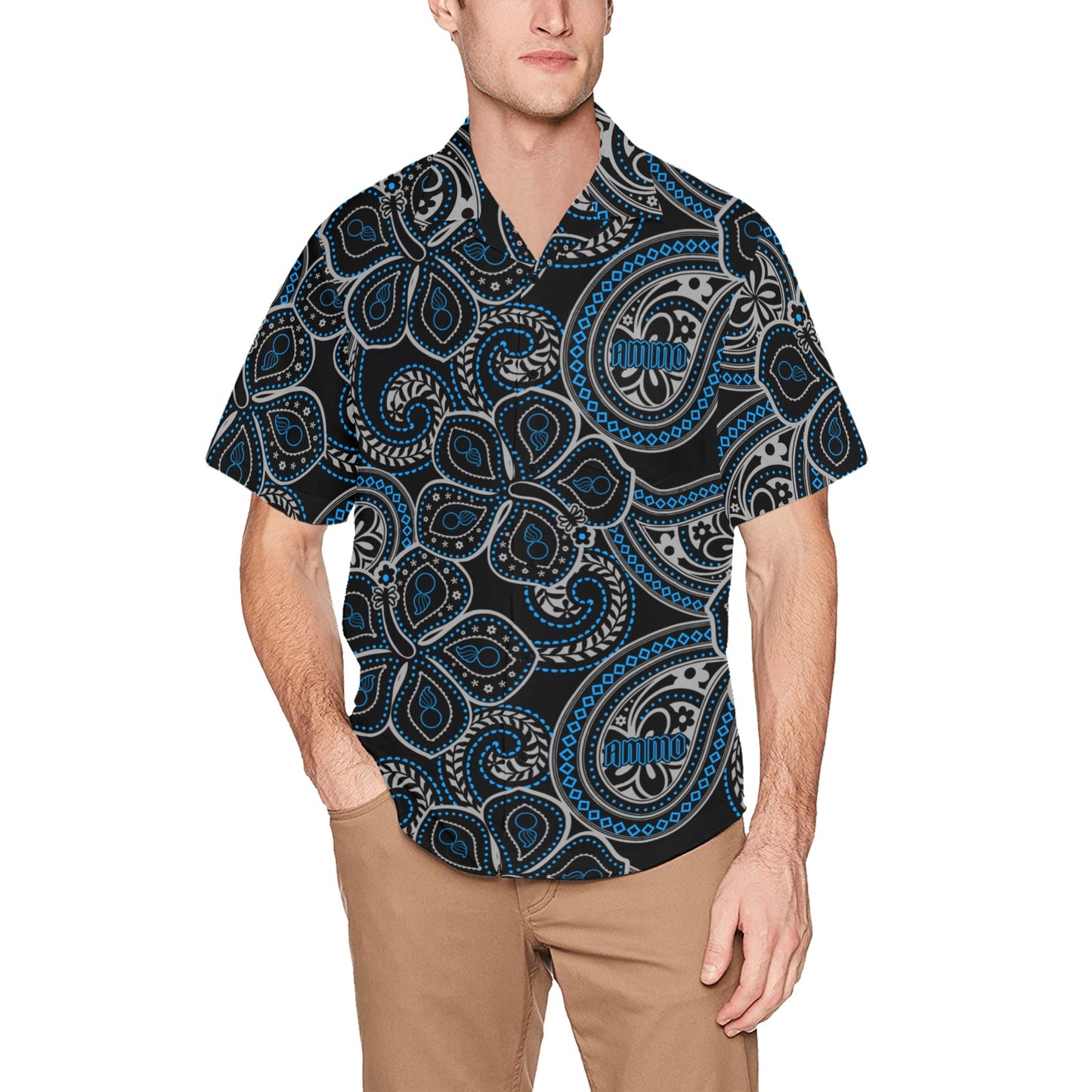 AMMO Paisley Black Grey and Light Blue Tropical Flowers With Pisspots Inside and AMMO Word Pattern Mens Left Chest Pocket Hawaiian Shirt
