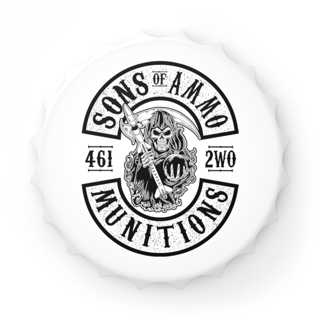 Sons Of AMMO Grip Reaper White Background Circular Logo IYAAYAS Magnetic Bottle Cap Opener