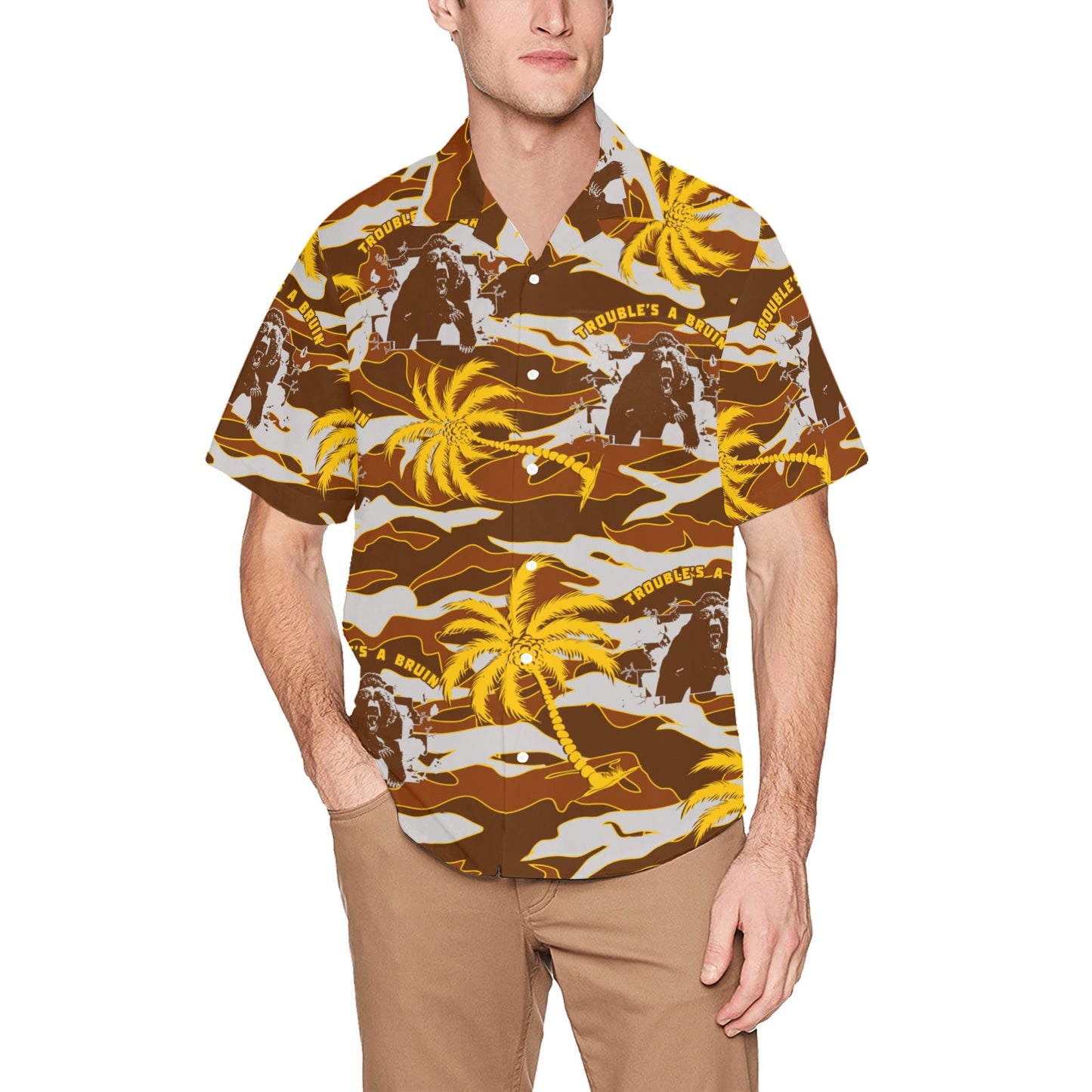 Fargo South High Troubles A Bruin Bear Brick Wall Tiger Stripe Brown Camouflage With Gold Color Palm Trees Hawaiian Shirt With Left Chest Pocket