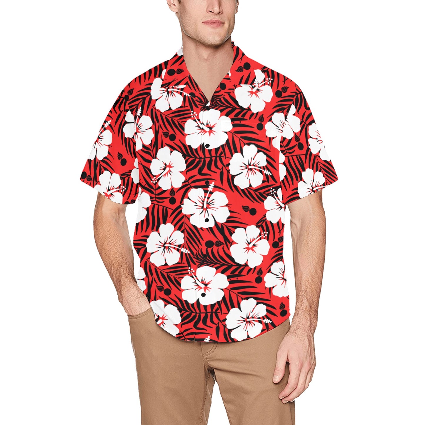 AMMO Red Black and White Flowers Leaves and Pisspots Mens Left Chest Pocket Hawaiian Shirt