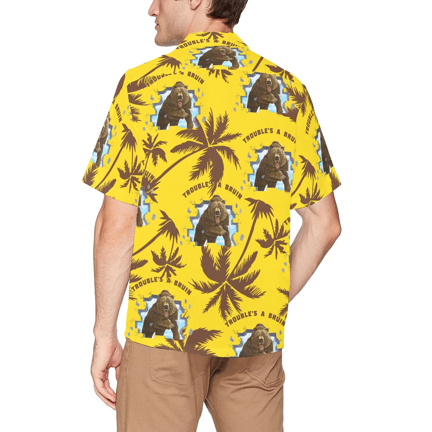 Fargo South High Troubles A Bruin Brown Bear Brick Wall Brown Palm Trees Yellow Hawaiian Shirt With Pocket