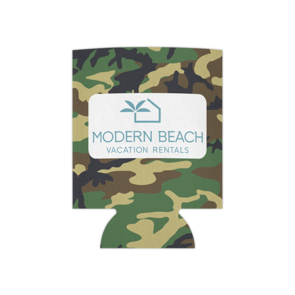 Modern Beach Vacation Rentals White Rectangle Logo Camouflage BDU Can Coozie Cooler