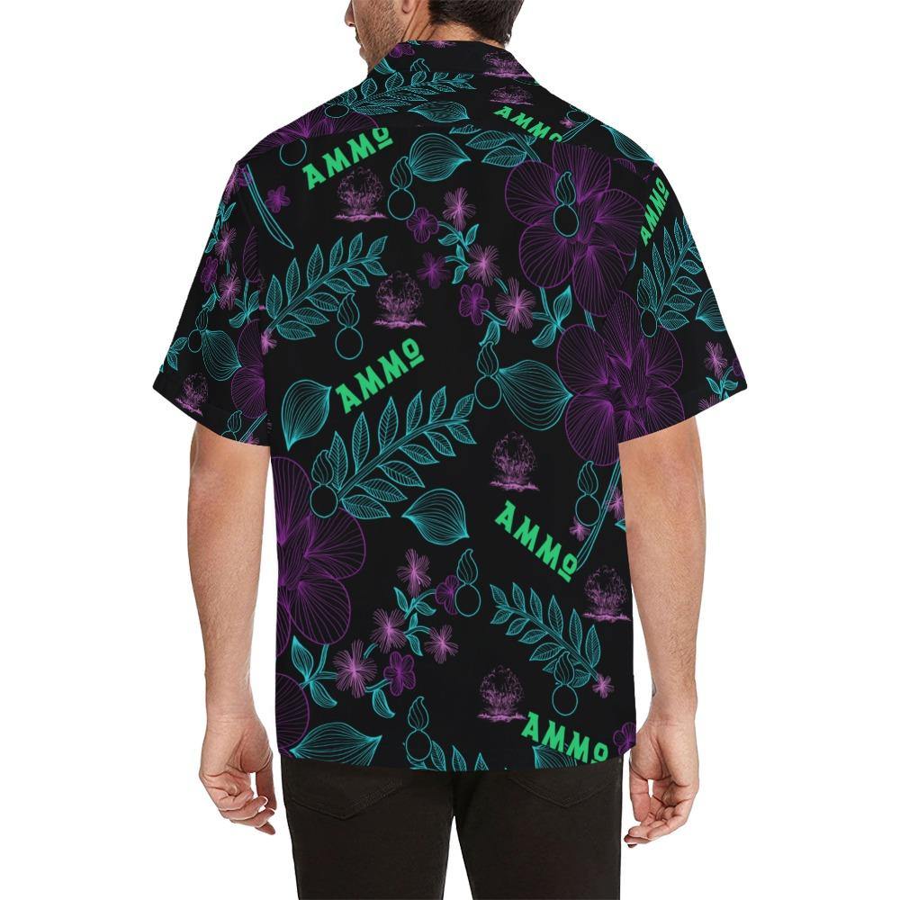 AMMO Hawaiian Shirt Black With Purple Flowers Blue Pisspots and Leaves Green AMMO - AMMO Pisspot IYAAYAS Gear