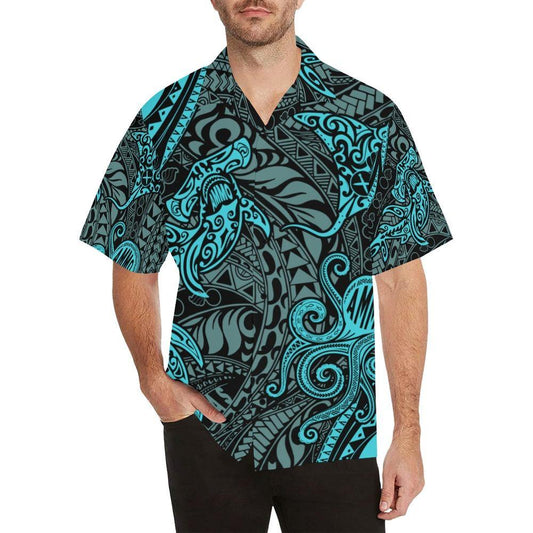AMMO Hawaiian Shirt Black and Teal Tribal Pattern Sea Animals and Creatures - AMMO Pisspot IYAAYAS Gear