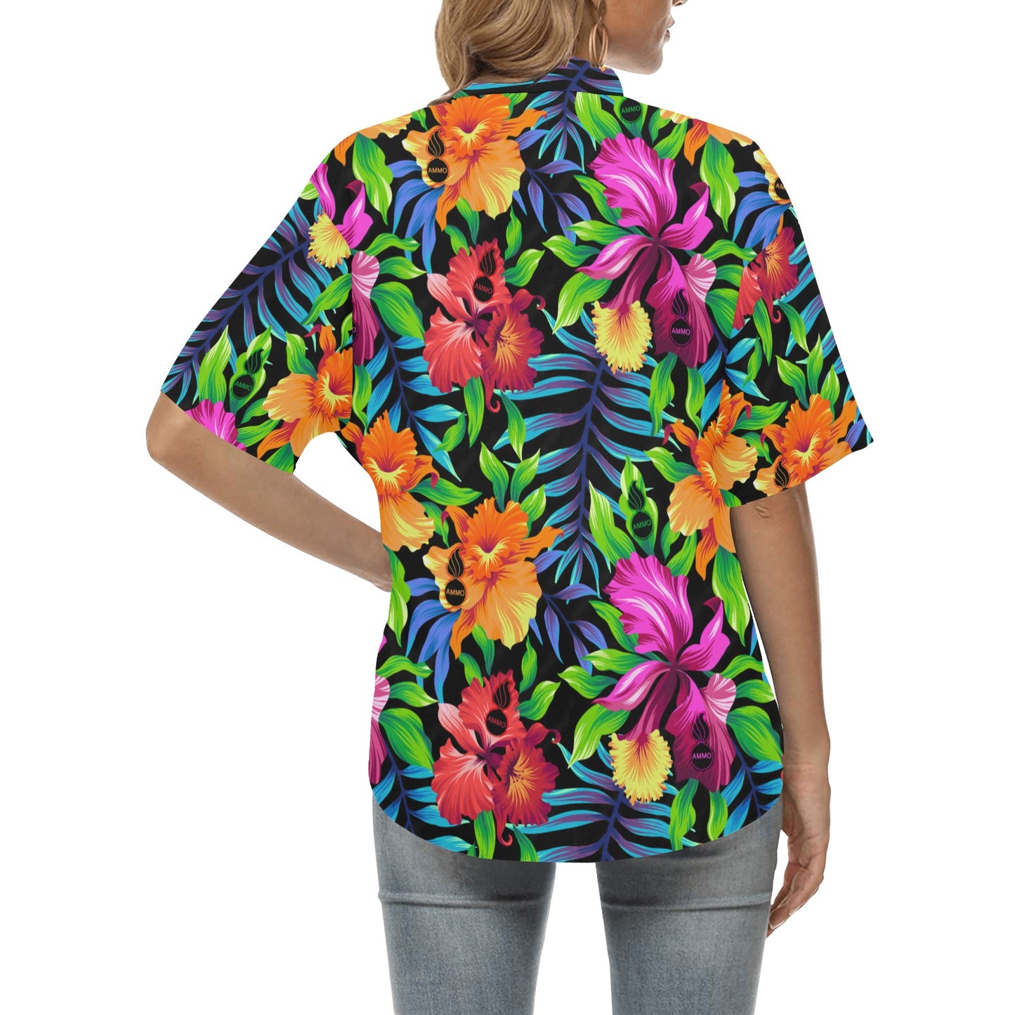 Bright Tropical Flowers With Leaves And Pisspots AMMO Womens Hawaiian Shirt