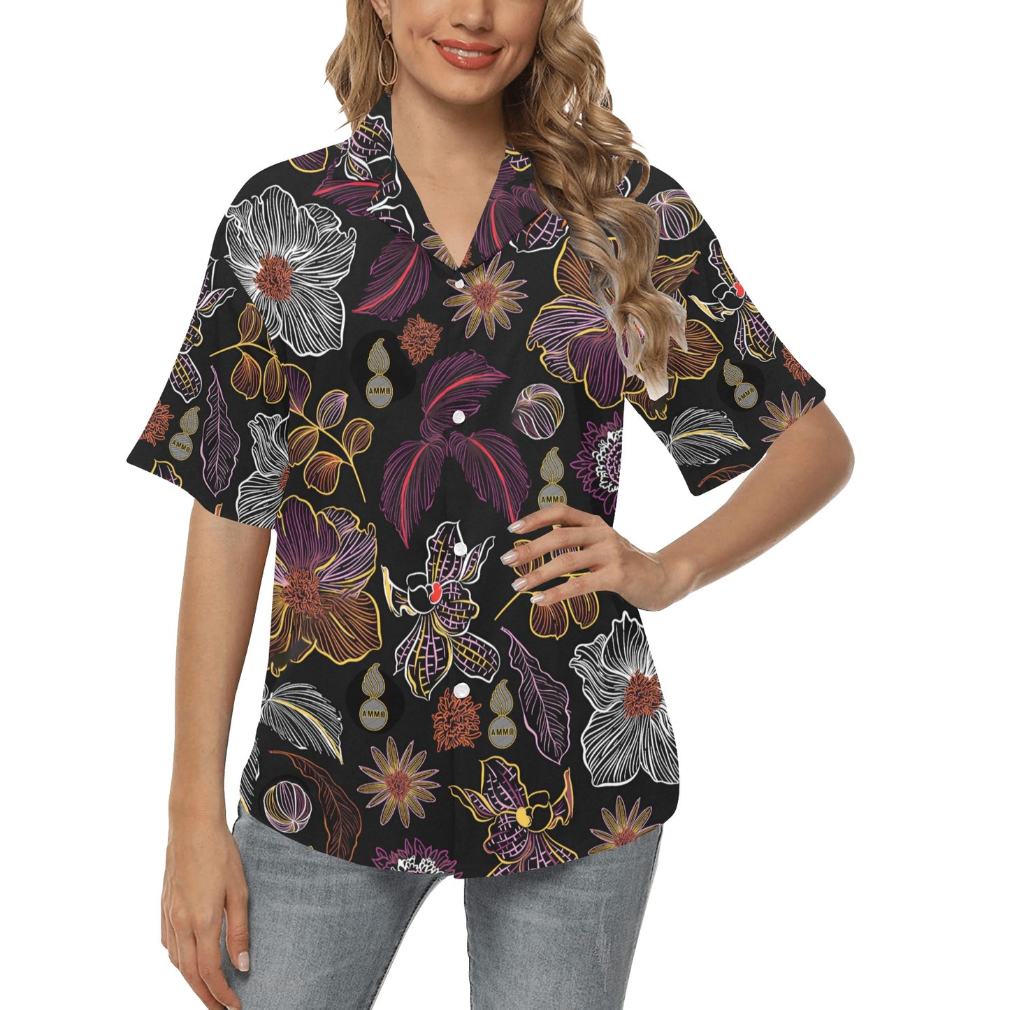 USAF AMMO Neon Flowers Leaves and Pisspot Womens Hawaiian Shirt