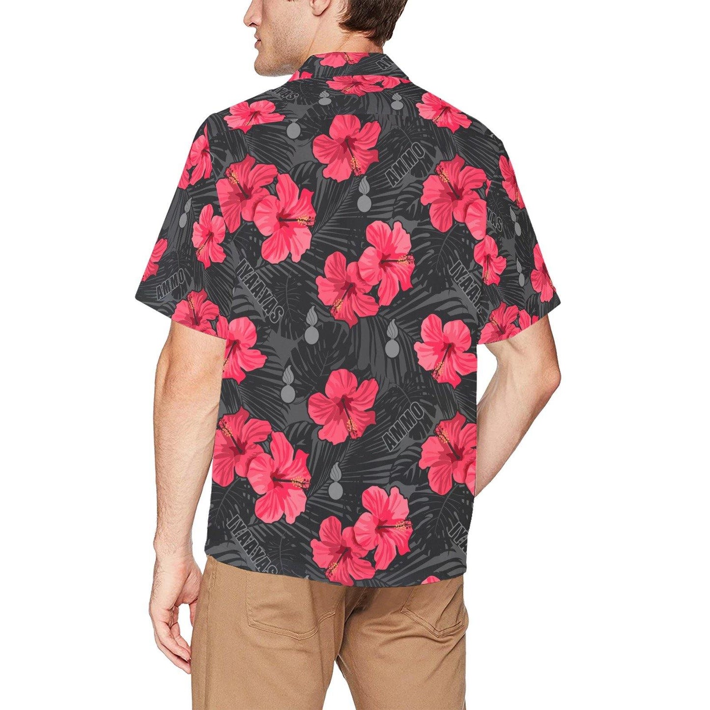 USAF AMMO Red and Pink Flowers With Black Grey Leaves Pisspots IYAAYAS AMMO Hawaiian Shirt With Front Left Chest Pocket - AMMO Pisspot IYAAYAS Gear