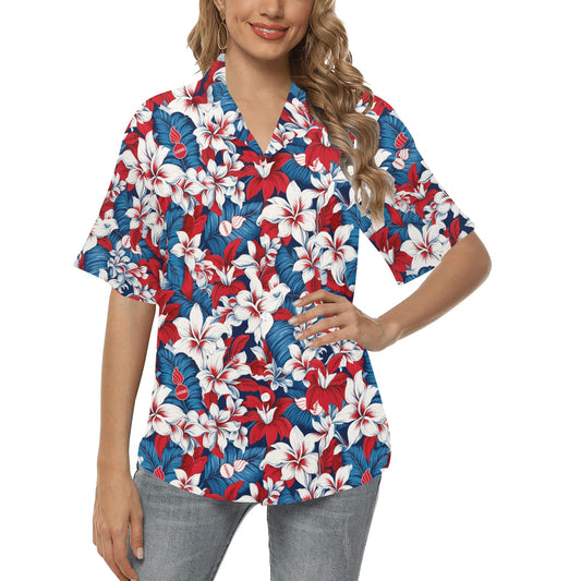 USAF AMMO Red White and Blue Patriotic Tropical Flowers Leaves and Pisspots Womens Hawaiian Shirt