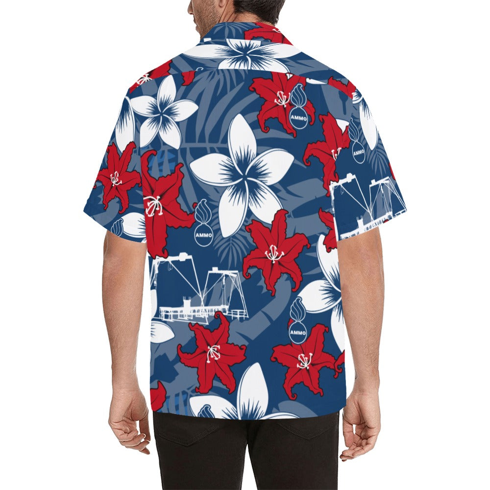 AMMO Hawaiian Shirt Red White Blue Tiger Lilies Plumerias Pisspots