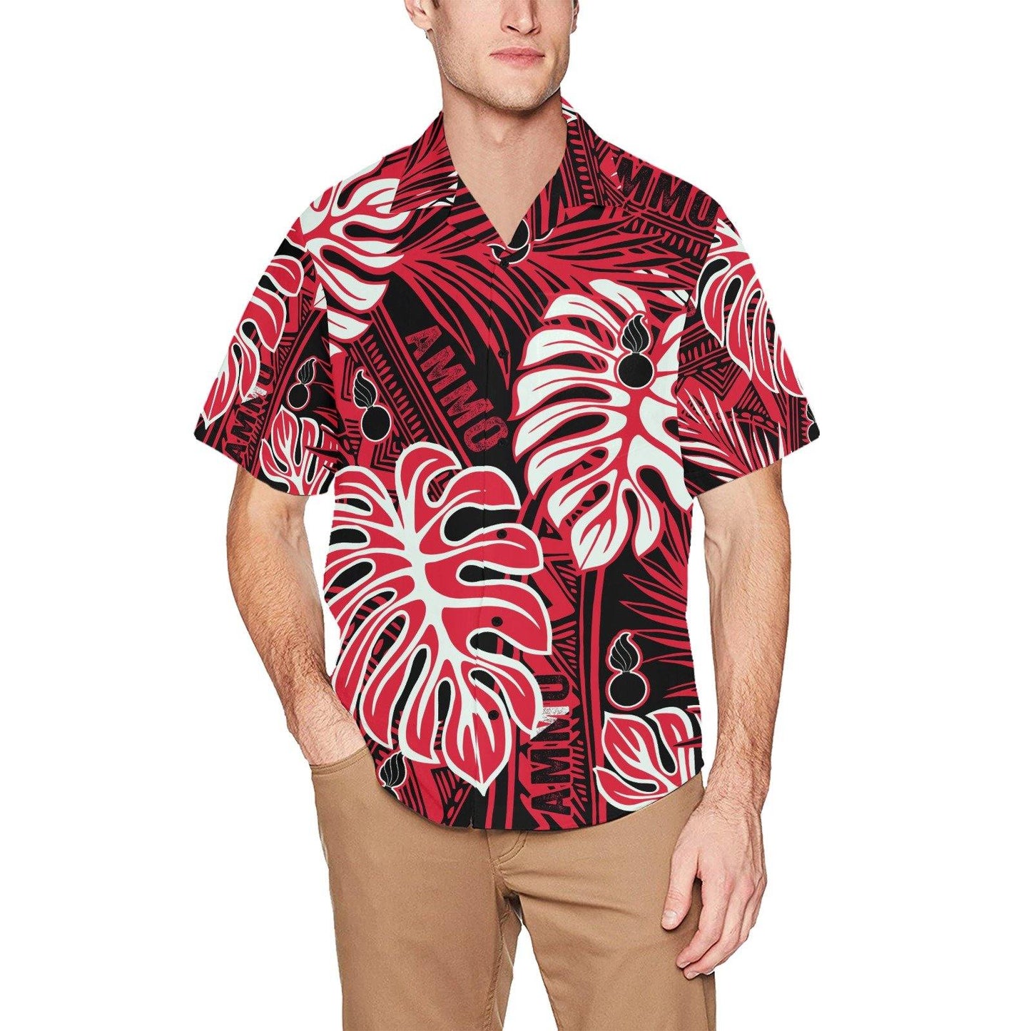 Red White and Black Leaves Tribal Pisspots AMMO Hawaiian Shirt With Left Chest Pocket - AMMO Pisspot IYAAYAS Gear