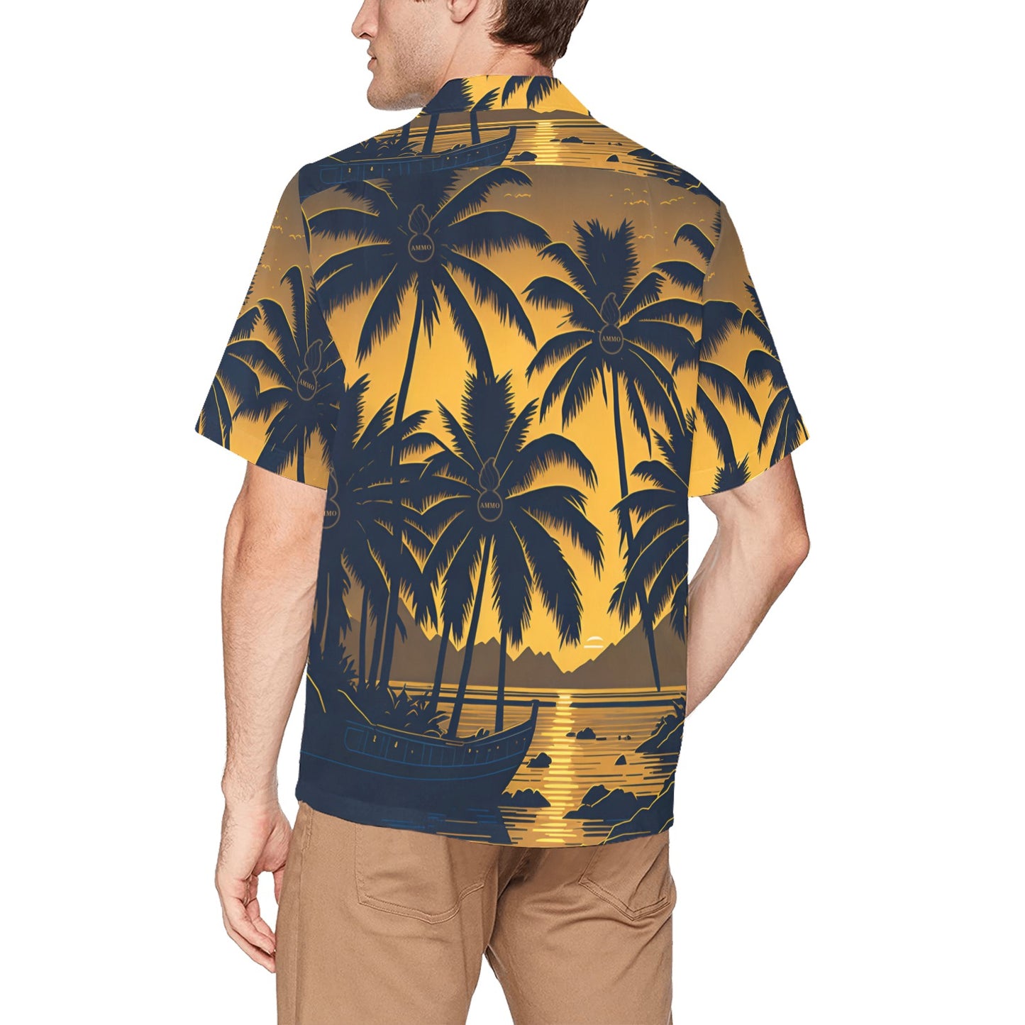 USAF AMMO Tropical Sunset With Palm Trees A Boat and Pisspots Mens Left Chest Pocket Hawaiian Shirt