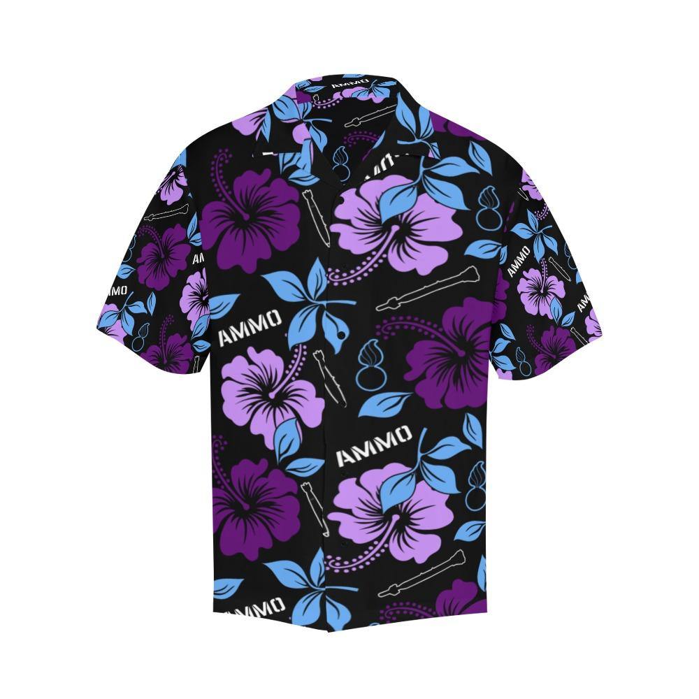 AMMO Hawaiian Shirt Dark and Light Purple Flowers Black Background - AMMO Pisspot IYAAYAS Gear
