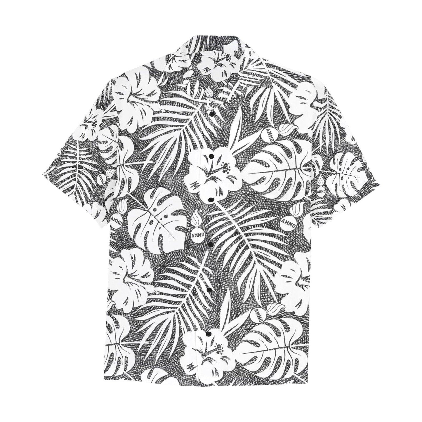 USAF AMMO Black and White Crosshatch White Flowers Leaves and AMMO Pisspot Hawaiian Shirt With Front Left Chest Pocket - AMMO Pisspot IYAAYAS Gear