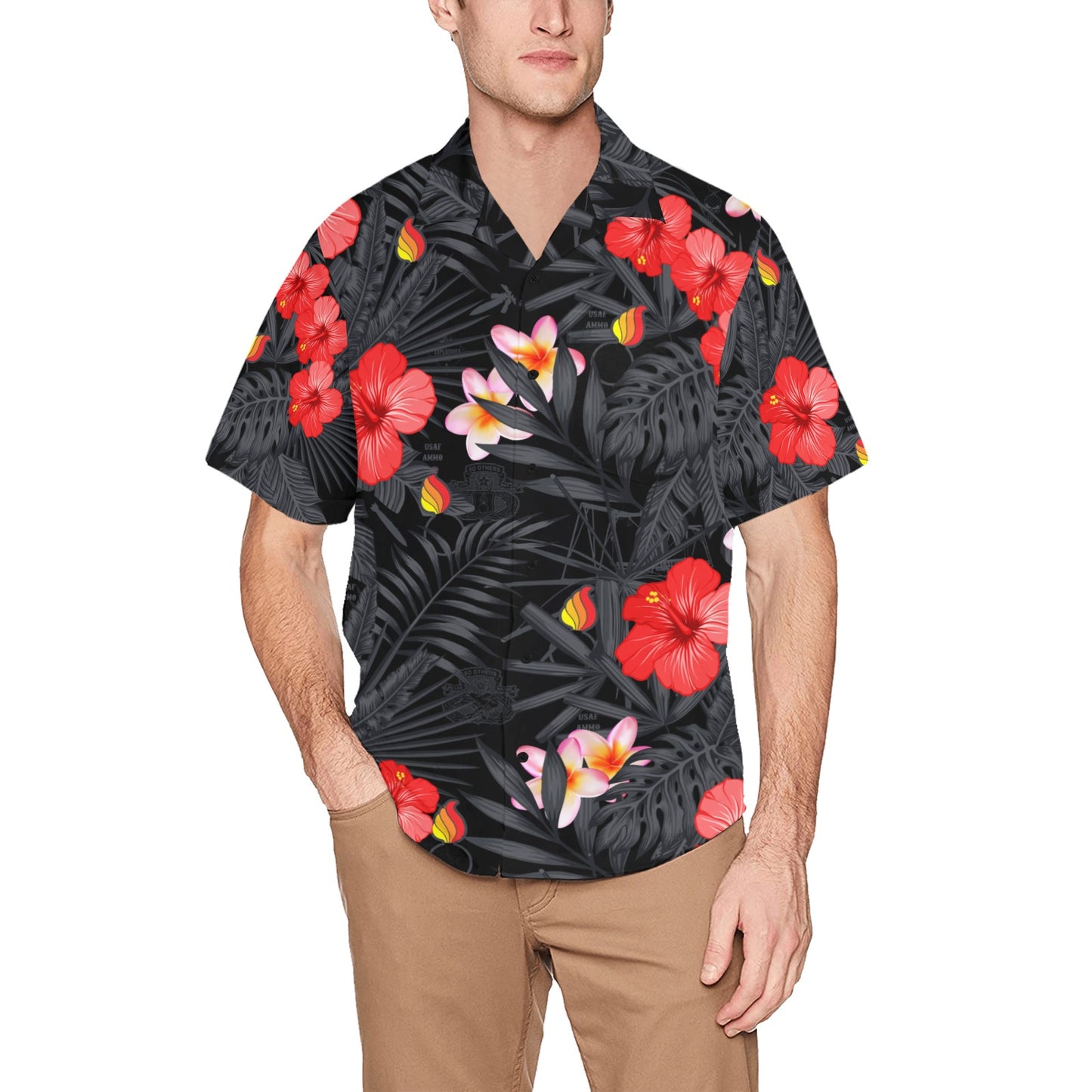 USAF AMMO Black and Grey Leaves Hibiscus Plumeria Pisspots and AMMO icons hidden all over AMMO Hawaiian Shirt With Left Chest Pocket