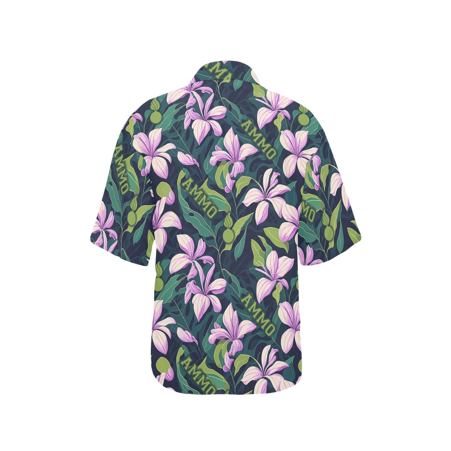 AMMO Pink Frangipani Flowers and Green Leaves AMMO Word and Pisspots Womens Hawaiian Shirt