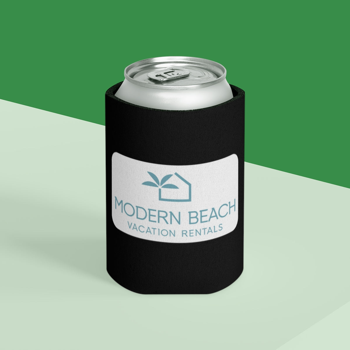 Modern Beach Vacation Rentals White Rectangle Logo Black Can Coozie Cooler