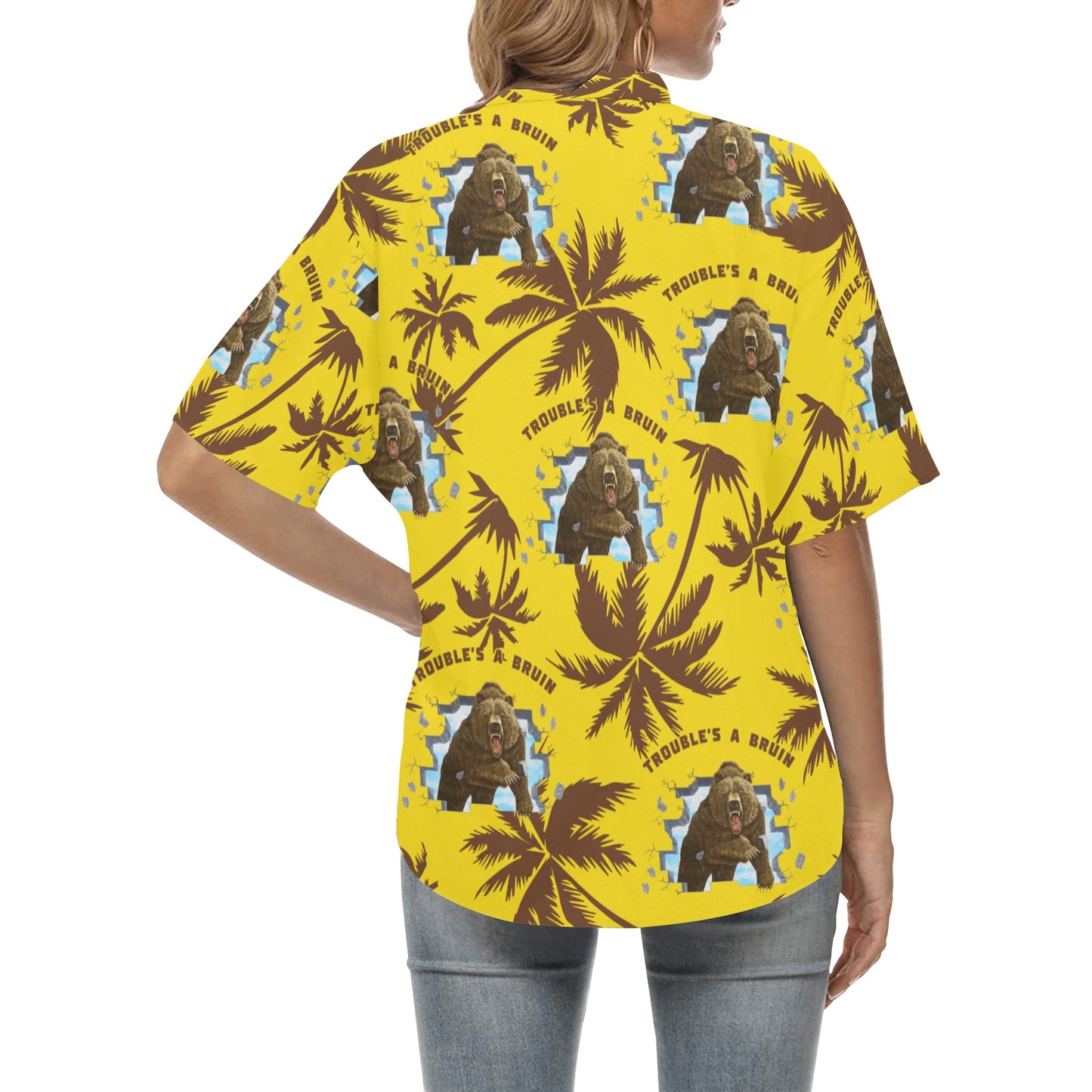 Fargo South High Troubles A Bruin Brown Bear Brick Wall Brown Palm Trees Yellow Womens Hawaiian Shirt