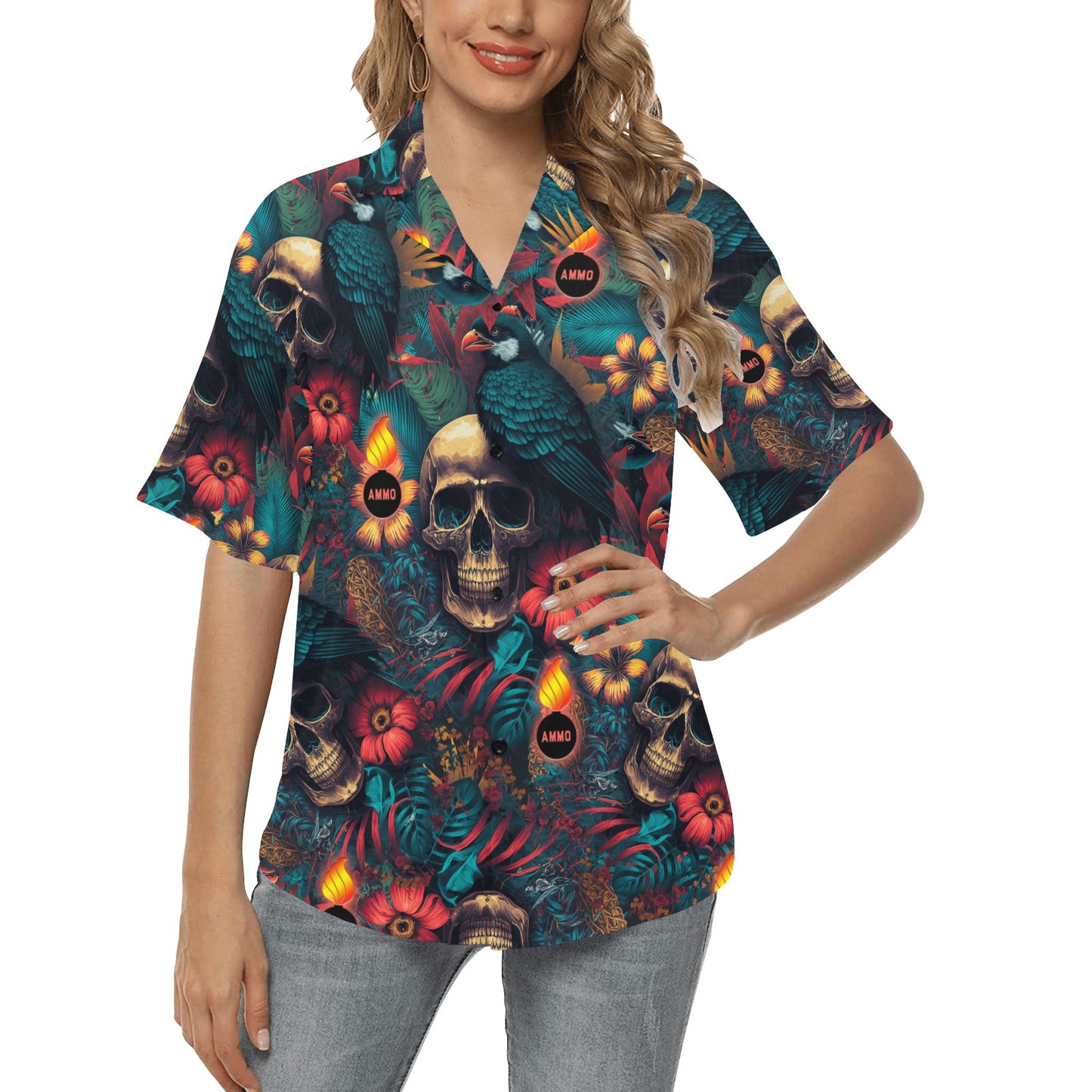 AMMO Skulls Birds Flowers and Flaming Pisspots Womens Hawaiian Shirt