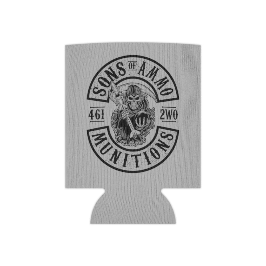 Sons of AMMO Grim Reaper Holding Pisspot Missile Sickle Black Logo Light Grey Coozie Can Cooler