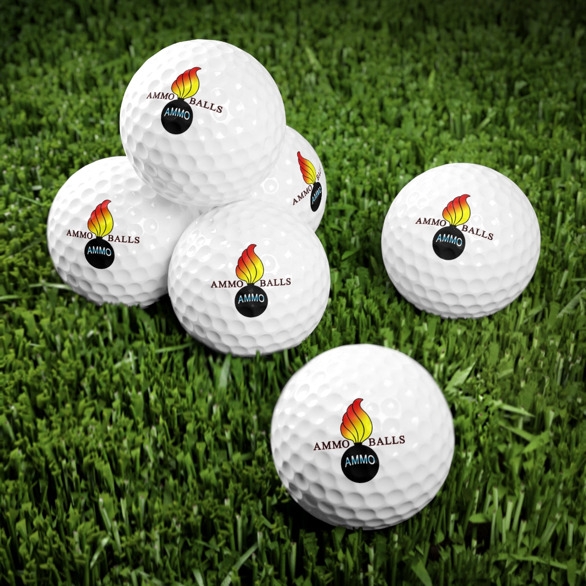 USAF AMMO Red and Yellow Flame Arched Word AMMO In Pisspot AMMO BALLS Logo Golf Balls, 6pcs