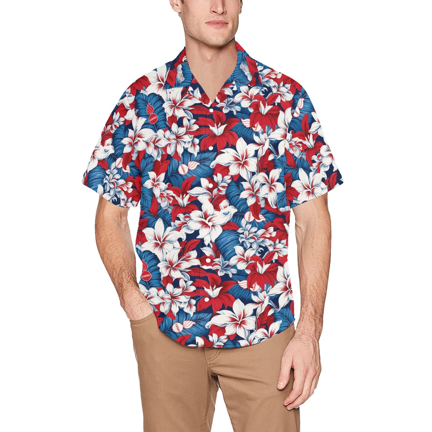 USAF AMMO Red White and Blue Patriotic Tropical Flowers Leaves and Pisspots Mens Left Chest Pocket Hawaiian Shirt