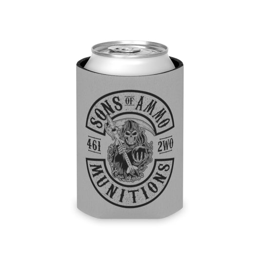 Sons of AMMO Grim Reaper Holding Pisspot Missile Sickle Black Logo Light Grey Coozie Can Cooler