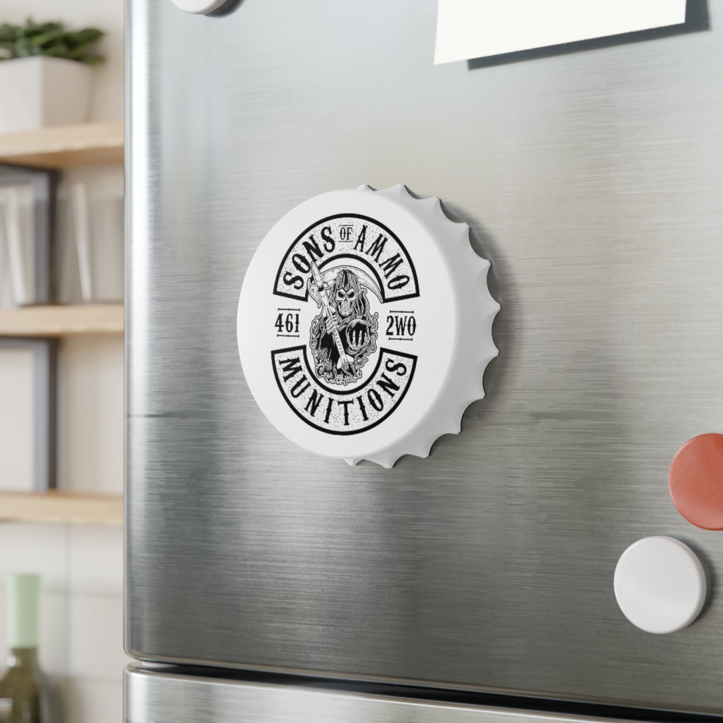 Sons Of AMMO Grip Reaper White Background Circular Logo IYAAYAS Magnetic Bottle Cap Opener
