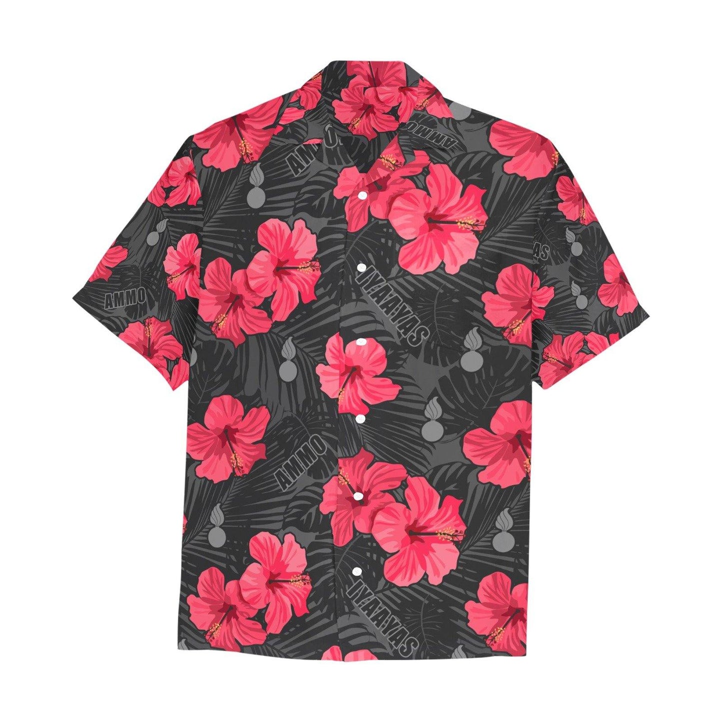USAF AMMO Red and Pink Flowers With Black Grey Leaves Pisspots IYAAYAS AMMO Hawaiian Shirt With Front Left Chest Pocket - AMMO Pisspot IYAAYAS Gear
