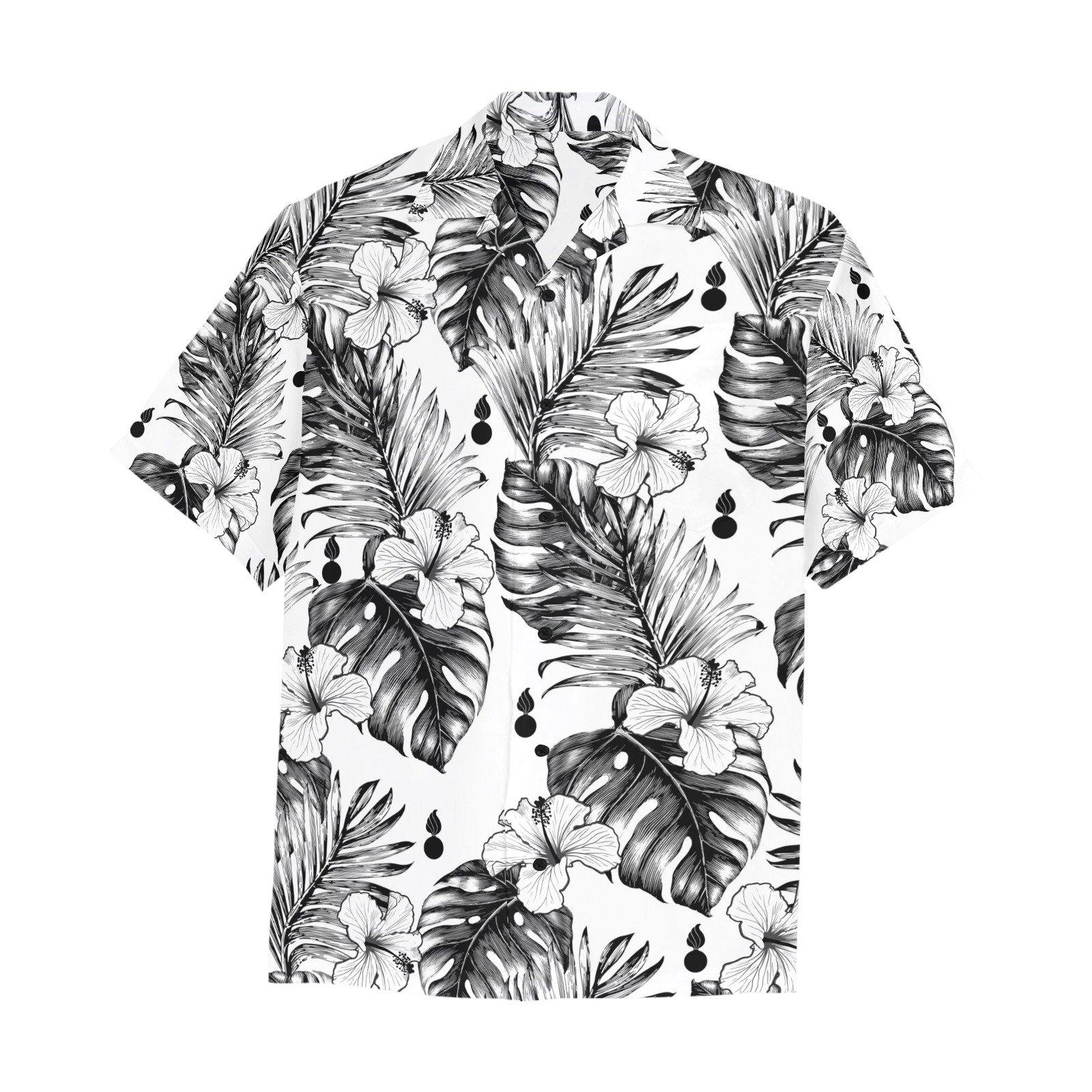 USAF AMMO White Hibiscus Flowers with Palm and Monstera Tropical Leaves and Pisspots Hawaiian Shirt With Front Left Chest Pocket - AMMO Pisspot IYAAYAS Gear