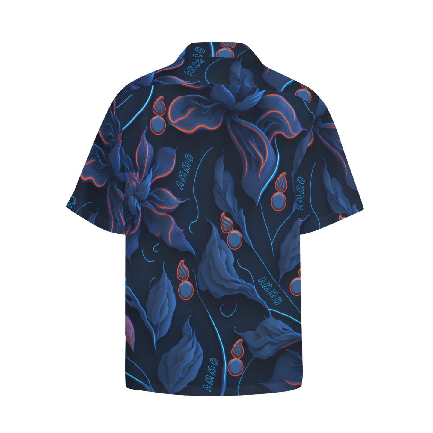 USAF AMMO Red and Blue Neon Flowers Leaves Pisspots and AMMO Word Mens Front Left Chest Pocket Event Hawaiian Shirt
