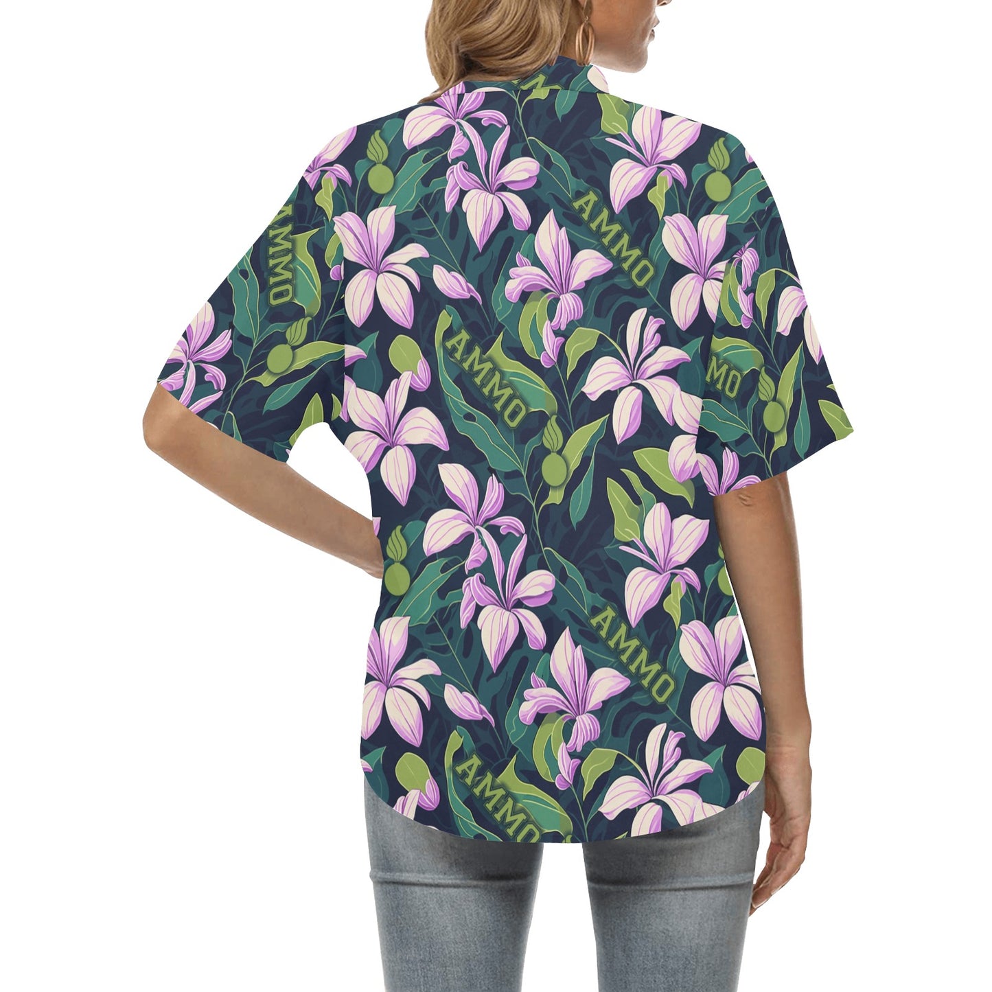 AMMO Pink Frangipani Flowers and Green Leaves AMMO Word and Pisspots Womens Hawaiian Shirt