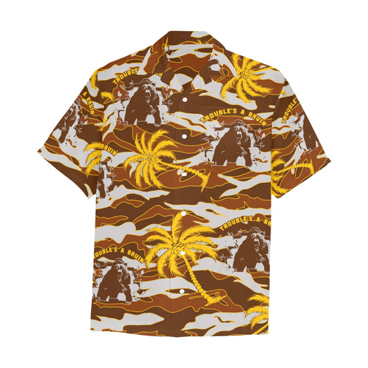 Fargo South High Troubles A Bruin Bear Brick Wall Tiger Stripe Brown Camouflage With Gold Color Palm Trees Hawaiian Shirt With Left Chest Pocket