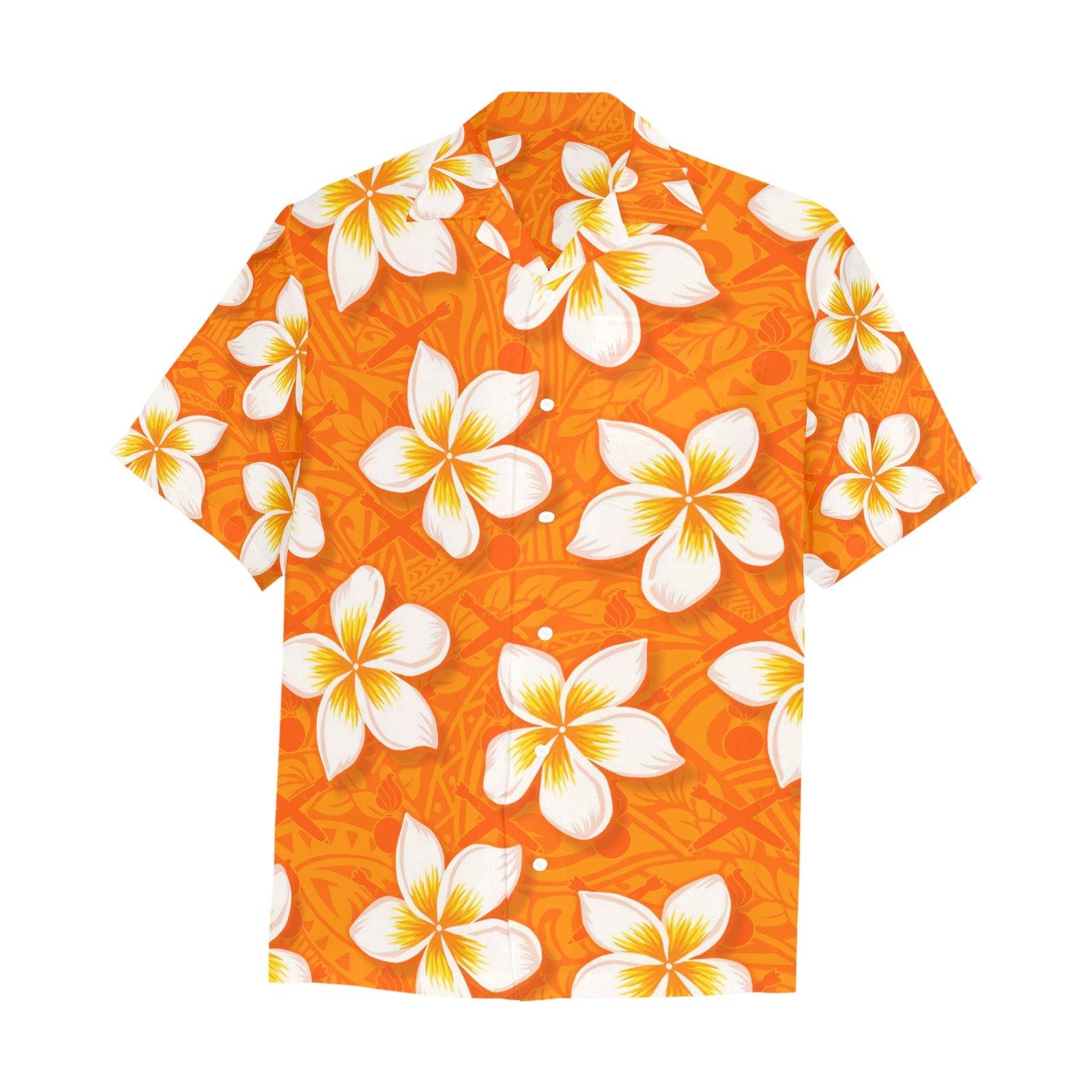 Orange Tribal Pattern With Pisspots Bombs and Plumeria Flowers AMMO Hawaiian Shirt With Front Left Chest Pocket - AMMO Pisspot IYAAYAS Gear