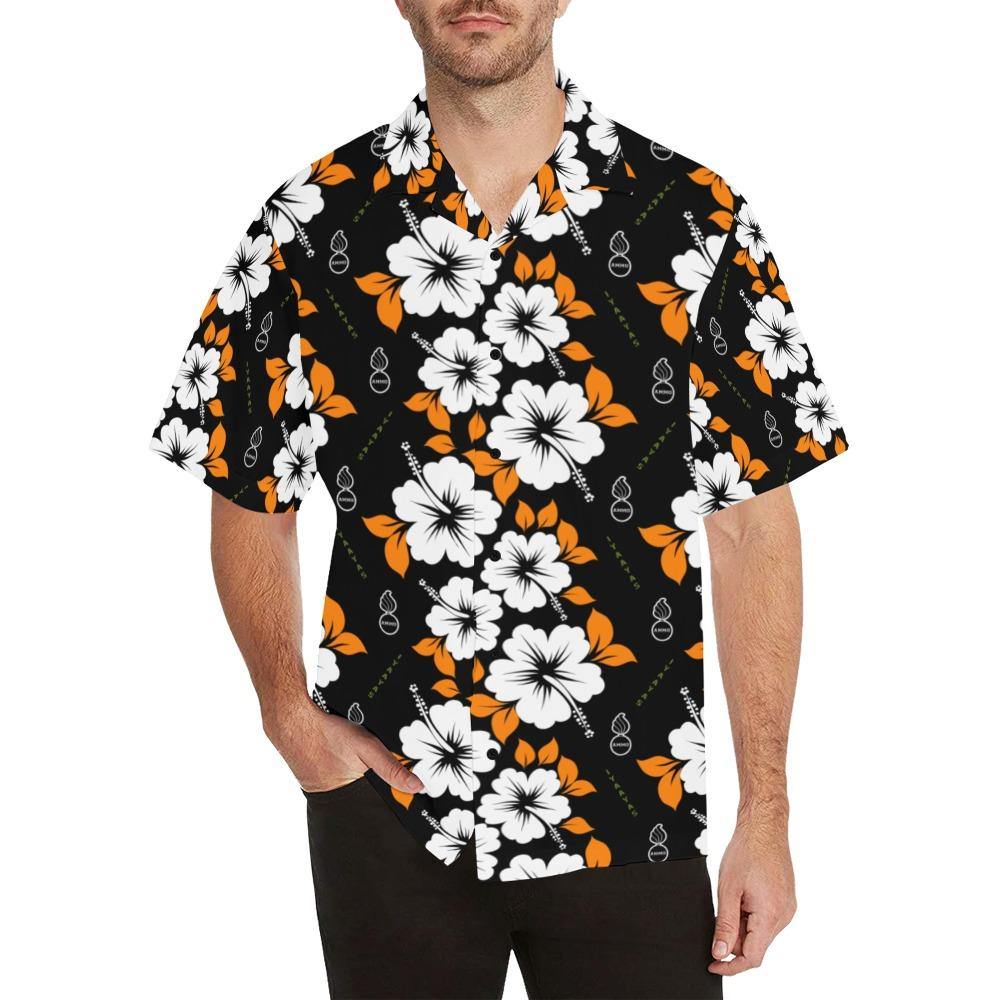 AMMO Hawaiian Shirt Black with Orange and White Flowers Pisspots IYAAYAS and JDAMs - AMMO Pisspot IYAAYAS Gear