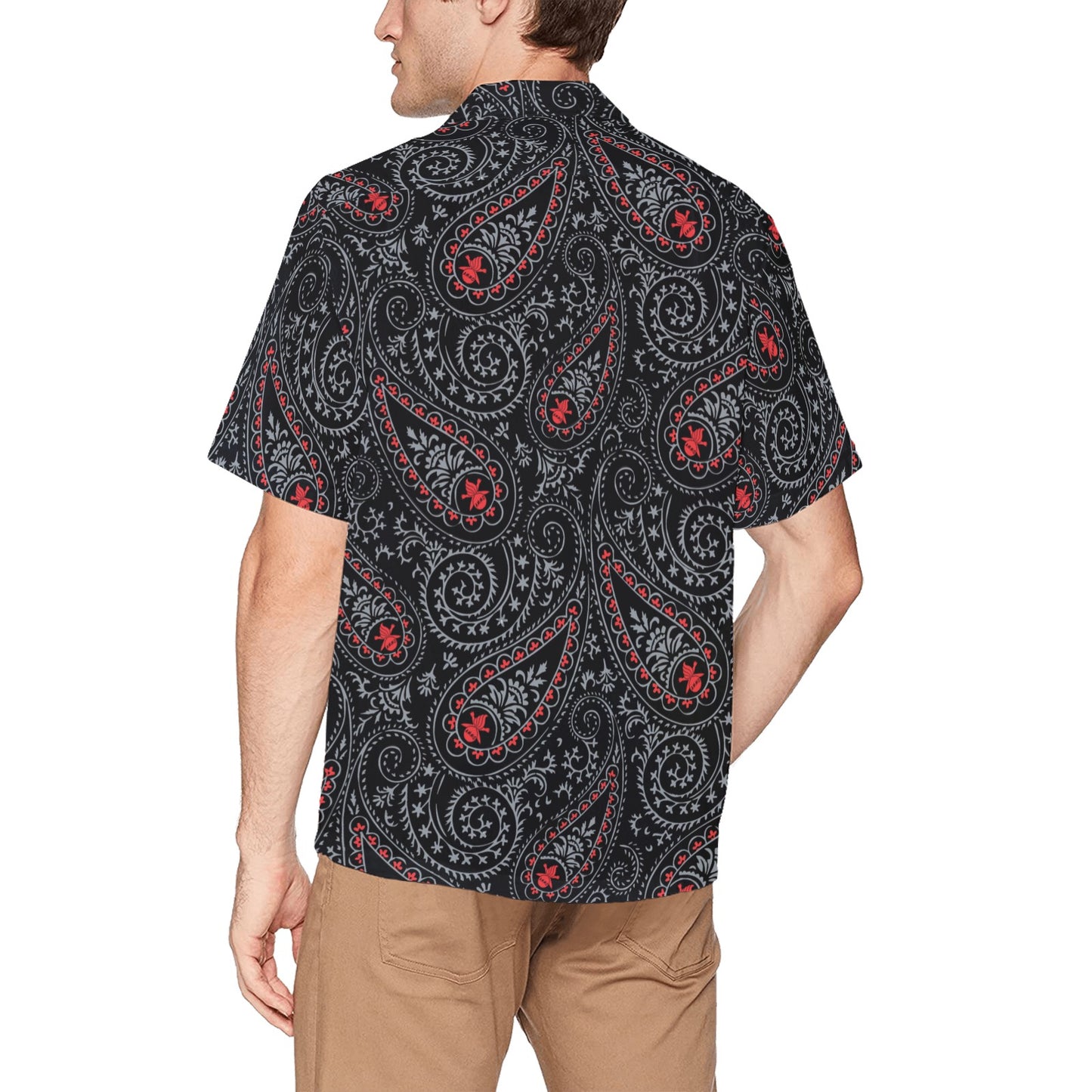 AMMO Paisley Black Grey and Red Pisspot With Crossed Bombs Pattern Mens Left Chest Pocket Hawaiian Shirt