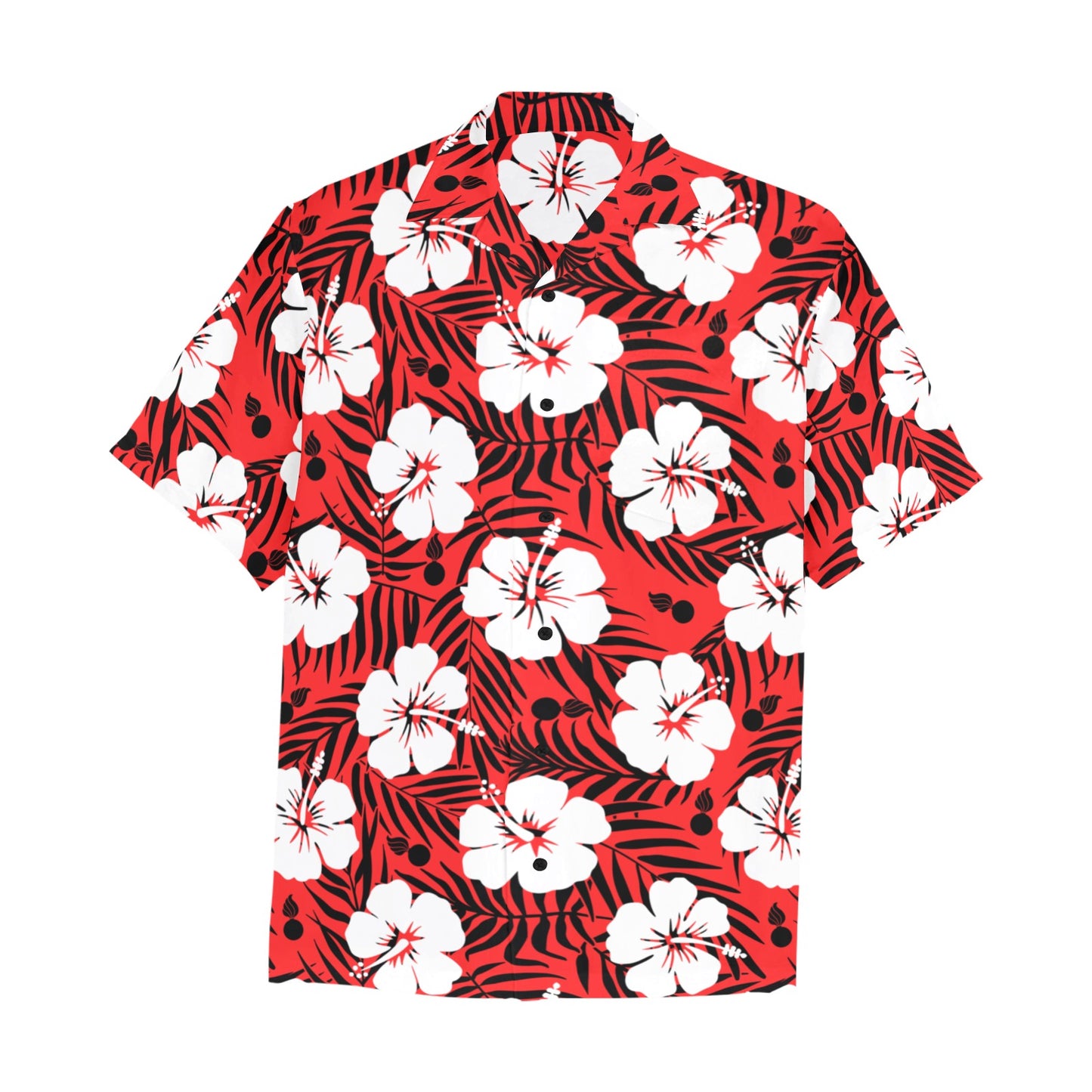 AMMO Red Black and White Flowers Leaves and Pisspots Mens Left Chest Pocket Hawaiian Shirt