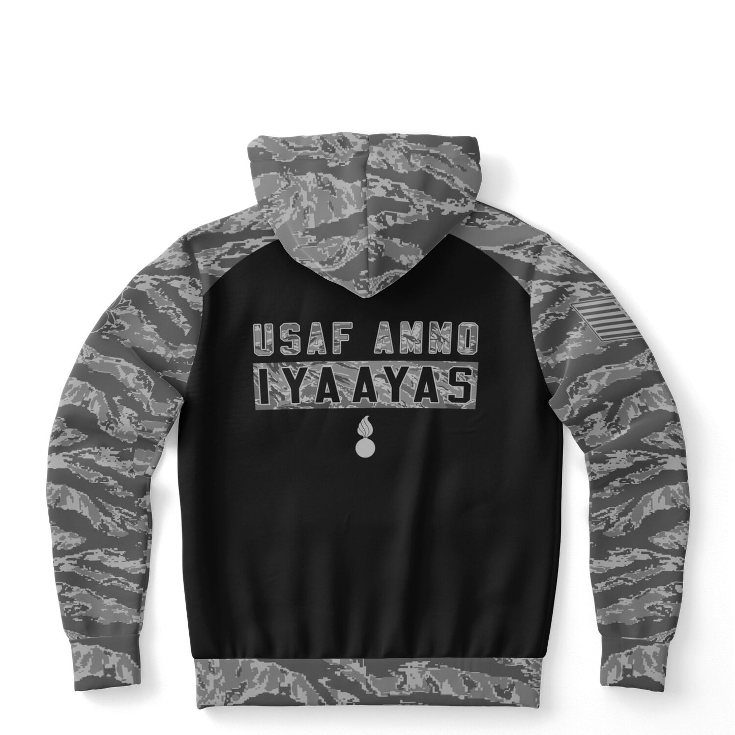 USAF AMMO Greyed Out ABU Pattern Camouflage Ripped Open Flag Chest Red Pisspot Logo Unisex All Over Print Hoodie