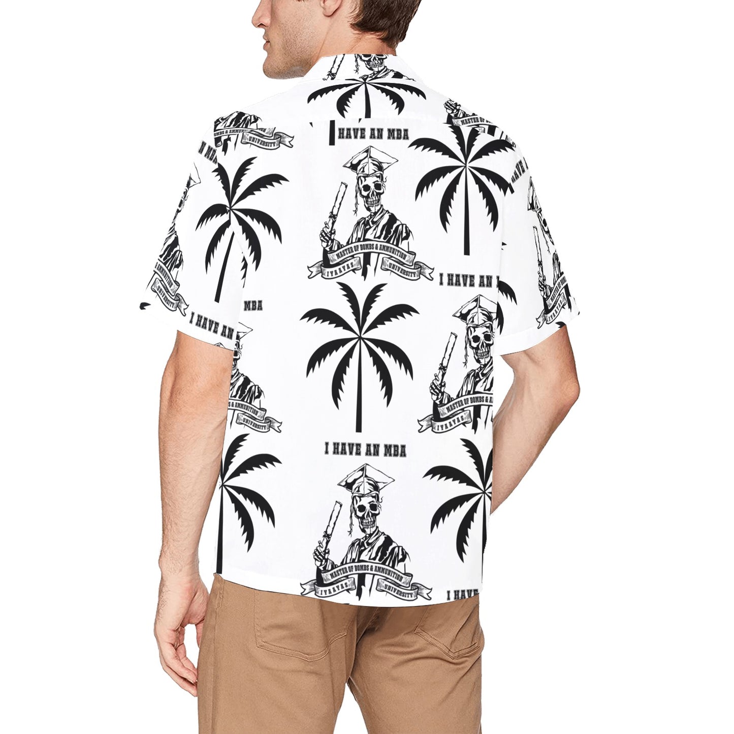 I have an MBA Master of Bombs and Ammunition Skeleton Cap and Gown Men’s White Hawaiian Event Shirt With Left Chest Pocket
