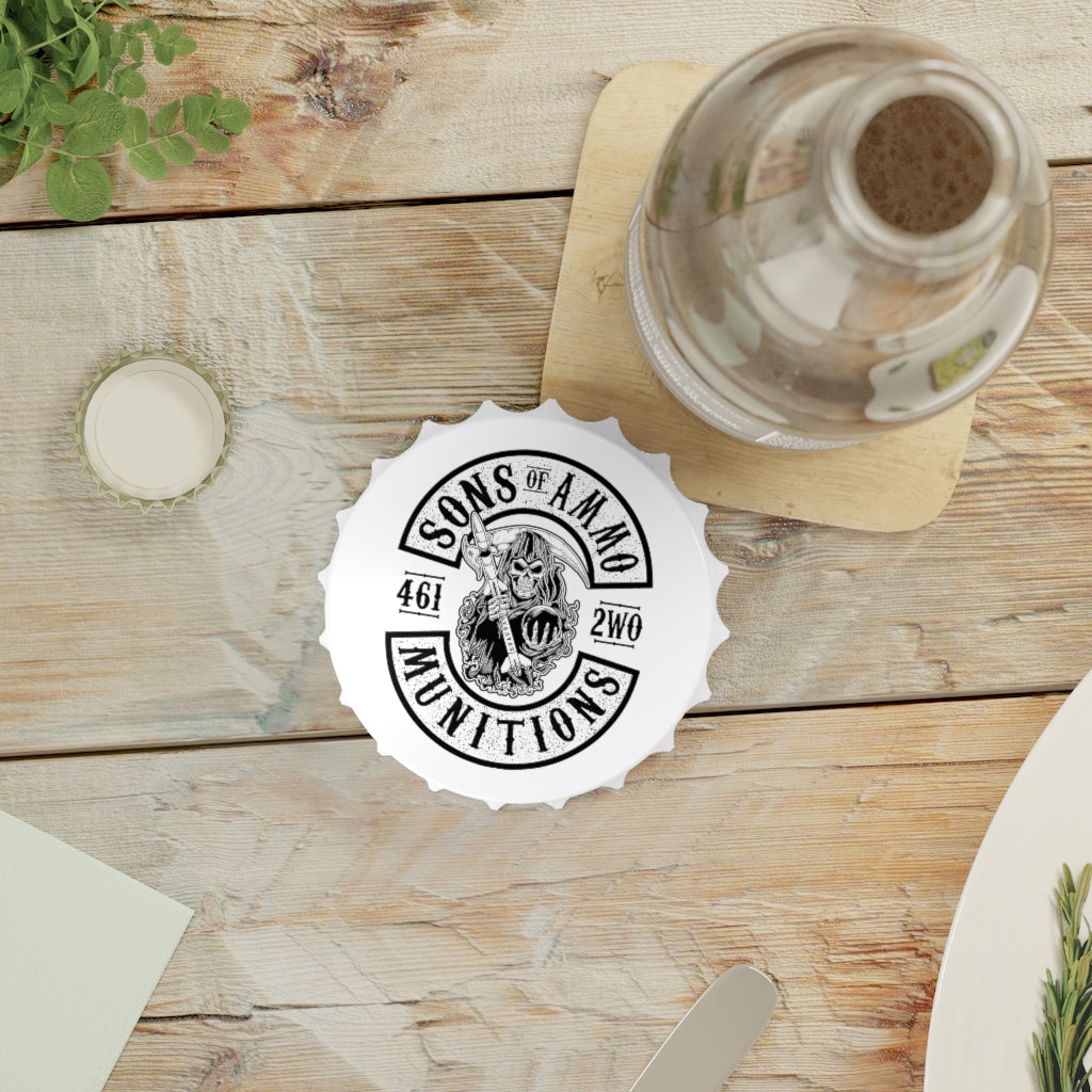 Sons Of AMMO Grip Reaper White Background Circular Logo IYAAYAS Magnetic Bottle Cap Opener