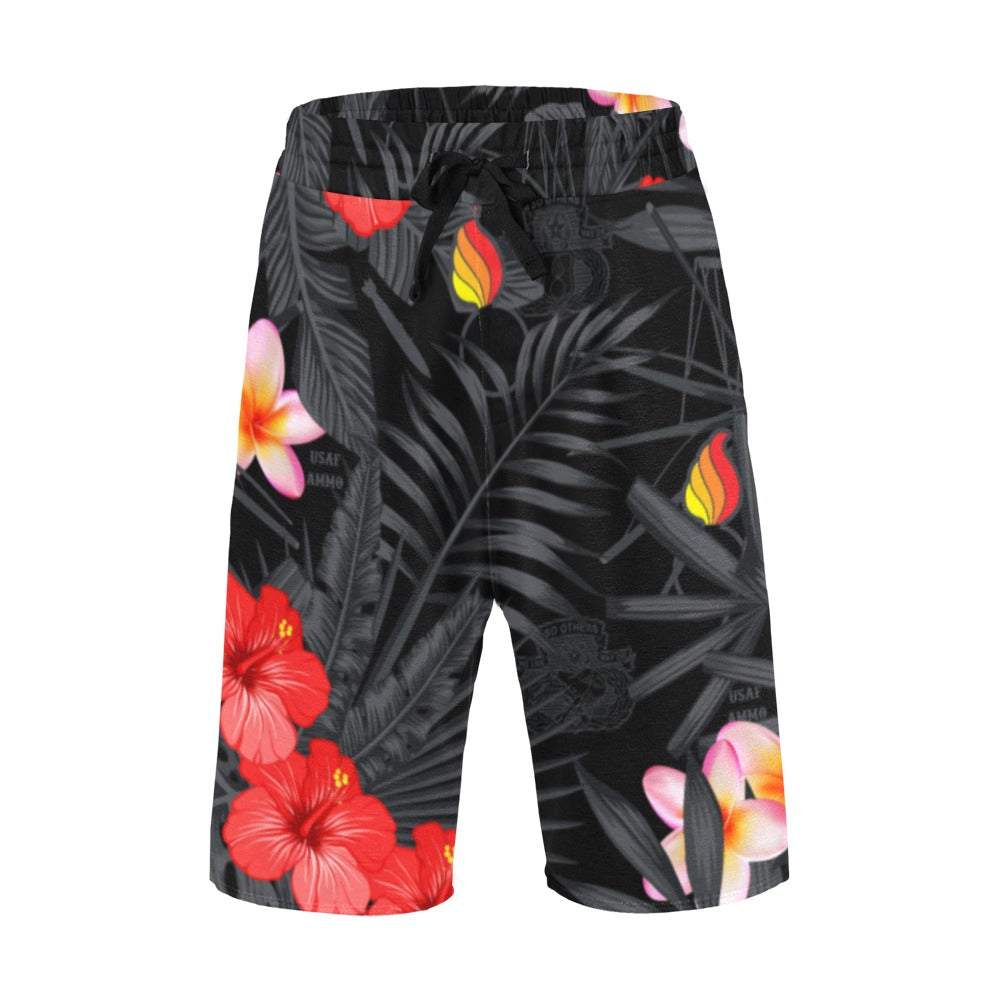 Black and Grey Leaves Hibiscus Plumeria Pisspots and AMMO icons Hawaiian Shorts