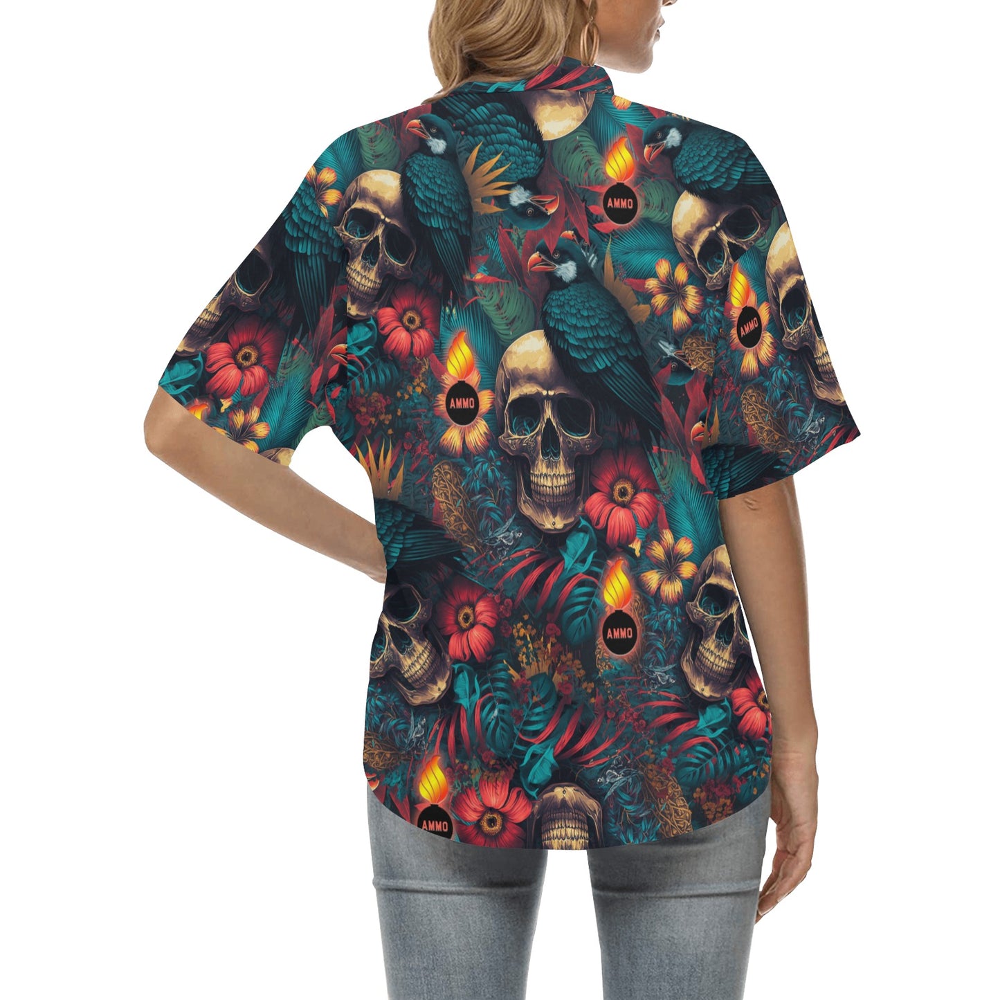 AMMO Skulls Birds Flowers and Flaming Pisspots Womens Hawaiian Shirt