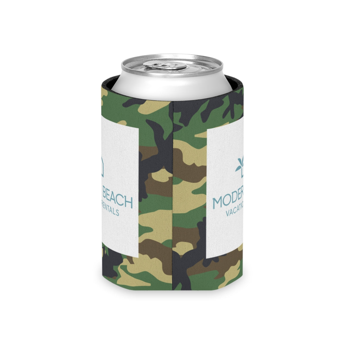Modern Beach Vacation Rentals White Square Logo Camouflage BDU Can Coozie Cooler