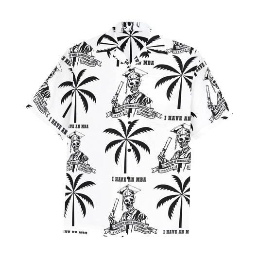 I have an MBA Master of Bombs and Ammunition Skeleton Cap and Gown Men’s White Hawaiian Event Shirt With Left Chest Pocket